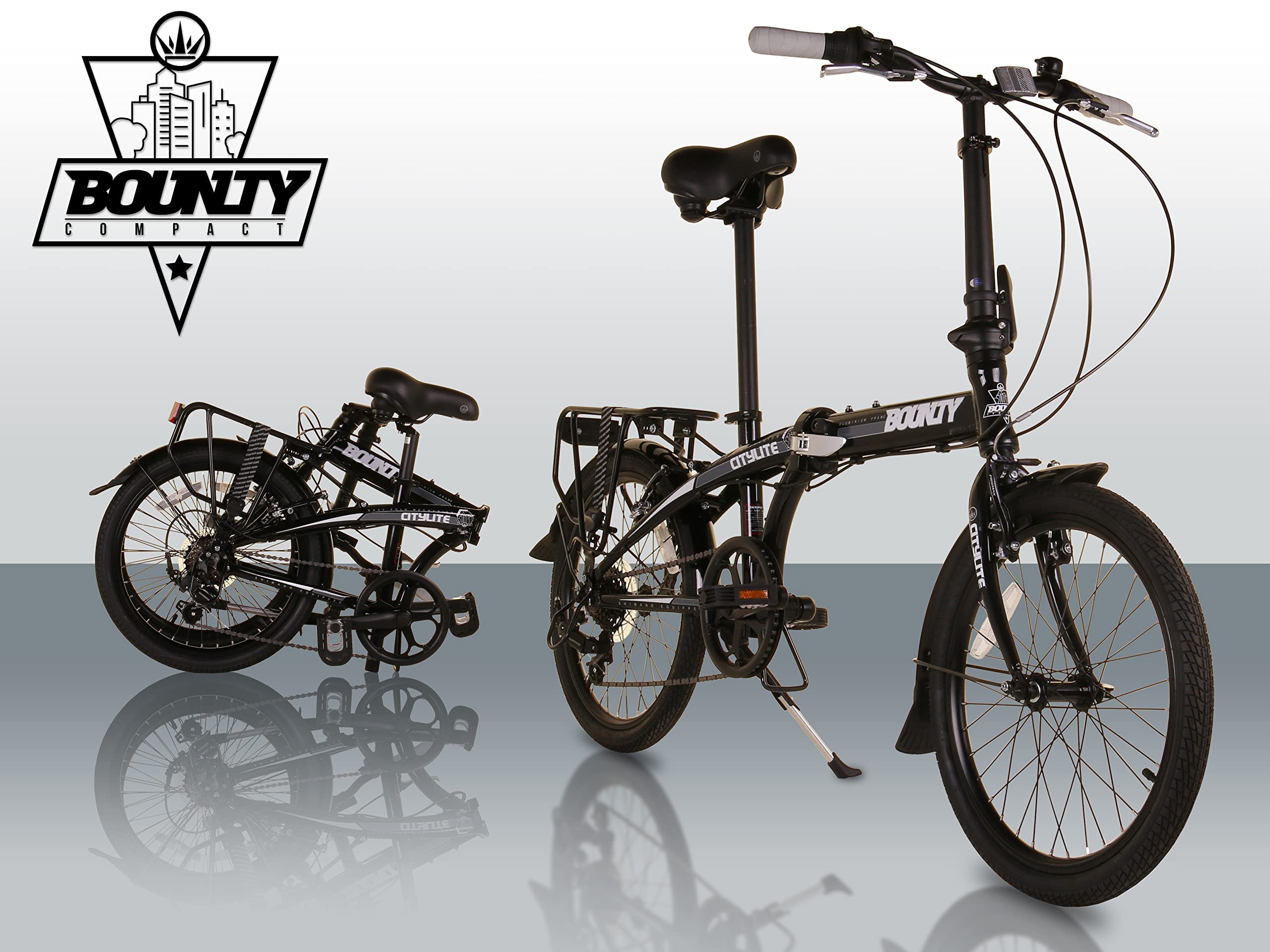 Bounty Citylite Bicicleta Plegable | Cuadro Aluminio Ligero | 6 Velocidades Shimano con Cambios Revo | Perfecta para ir al trabajo | Bicicleta Plegable | Bicicleta Adulto, Negro