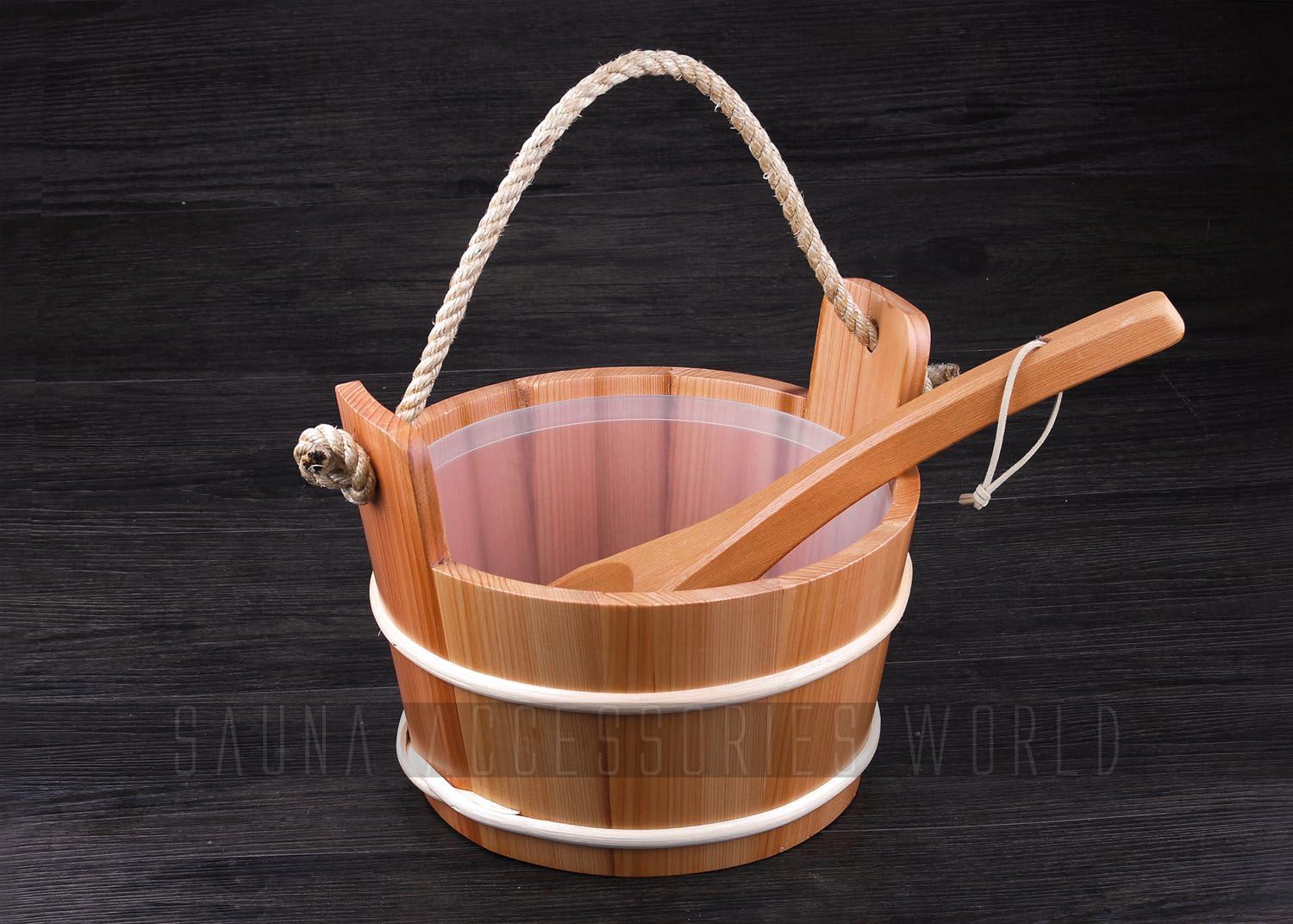Good discount 4L Cedar wood Wooden pail Finnish Style Sauna dipper With Waterproof plastic cup