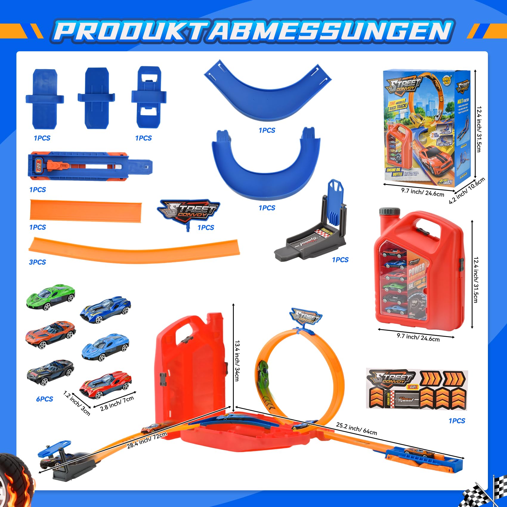 Pista de Coches para Niños,Juguete Pistas Portátil con 6 Vehículos+Circuito con Giro Vertical y U-Track,2 en 1 Portátil,Track Builder Caja Lata de Gasolina,Juguete Niños 3-8 Años (Rojo)