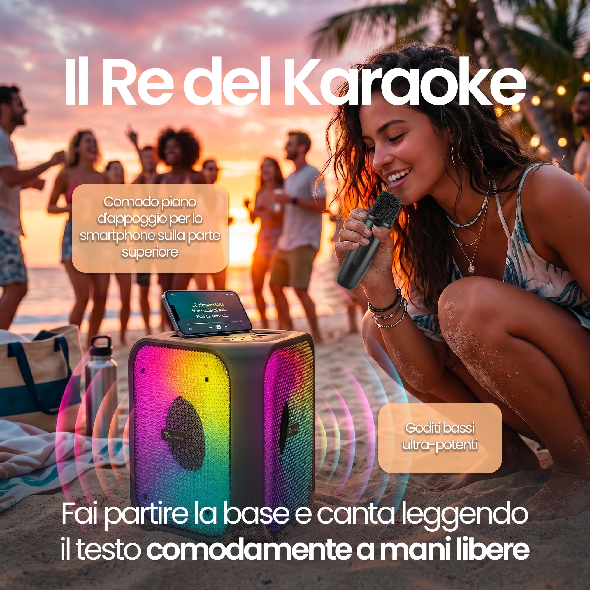 Techmade Speaker Bluetooth Karaoke con Microfono - 15W Portatile, Sistema 2 in 1 - Luci LED RGB - Connessione con BT 5.4, USB, Micro SD e AUX - Radio FM Integrata - Batteria 2400mAh