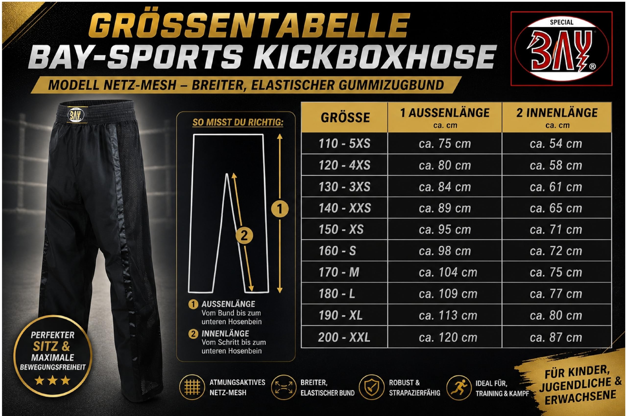 Bay Netz Mesh Kickboxhose Kampfsporthose Schwarz lang Mesh-Netzeinsatz Kontraststreifen in Schwarz seitlich Polyester Erwachsene Damen Herren Kinder Jungen Mädchen Größe L (180)