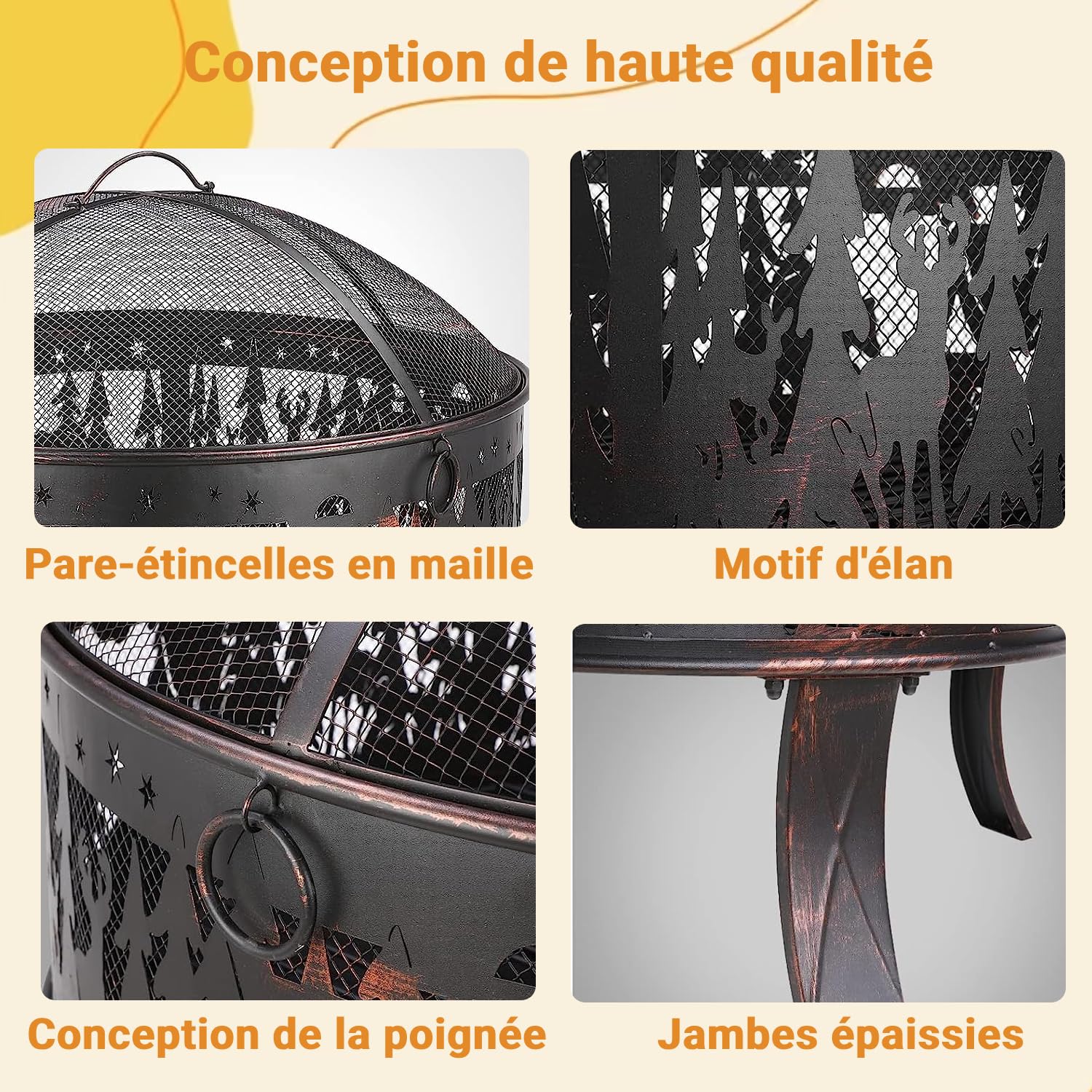 TLGREEN Brasero Extérieur pour Jardin, brasero avec Protection Anti-étincelles, Foyer Stable Ø 71 x 65 cm, avec Grille à Charbon de Poker, 4 PCS Pied, pour Plage, Terrasse, Look rétro, Motif d'élan