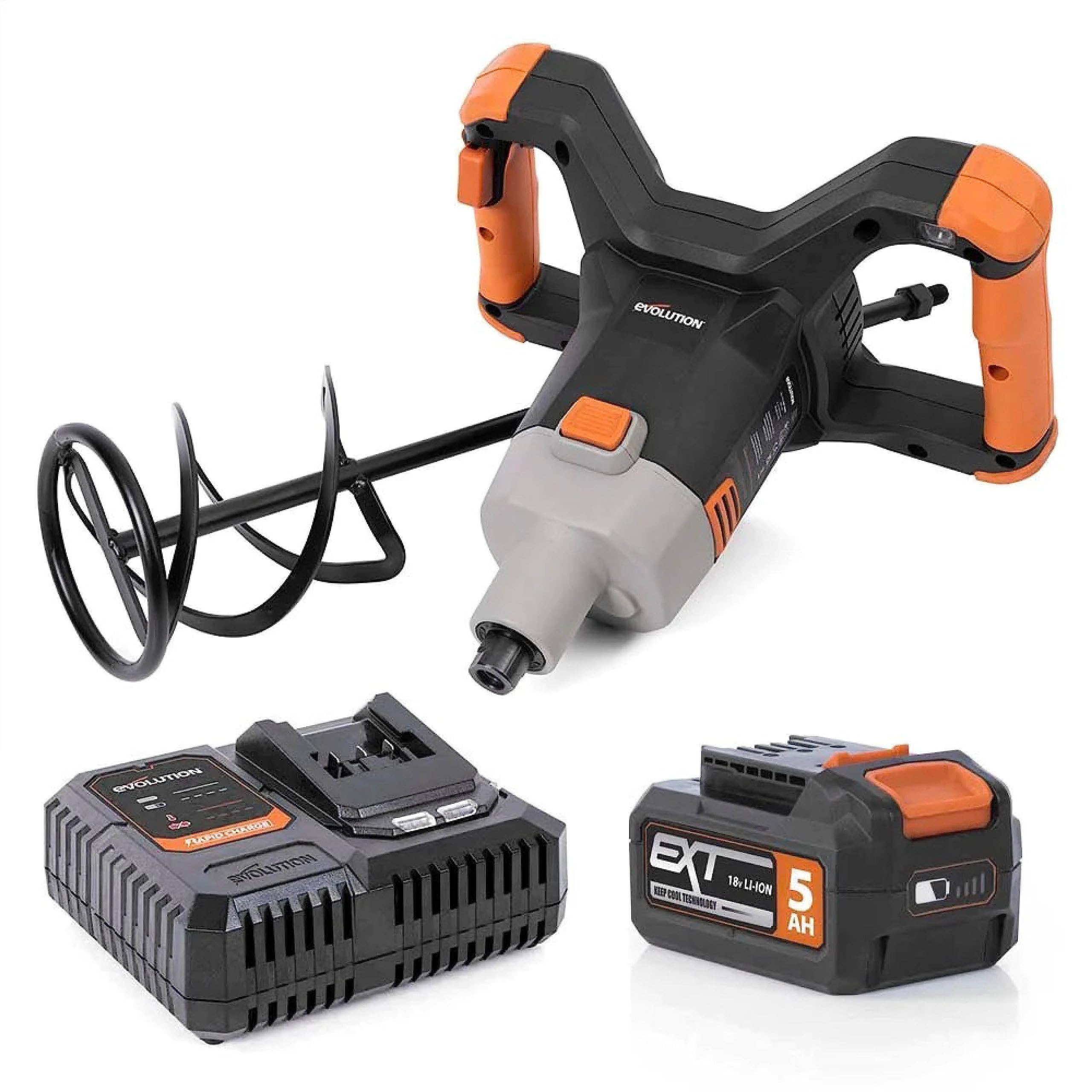 Evolution Power Tools R120MXR-LI (Caricata) - Miscelatore Senza Fili, Portatile, Pagaia Inclusa (Perfetto Per Gesso, Vernice, Malta, Cemento), Batteria E Caricabatteria Inclusa