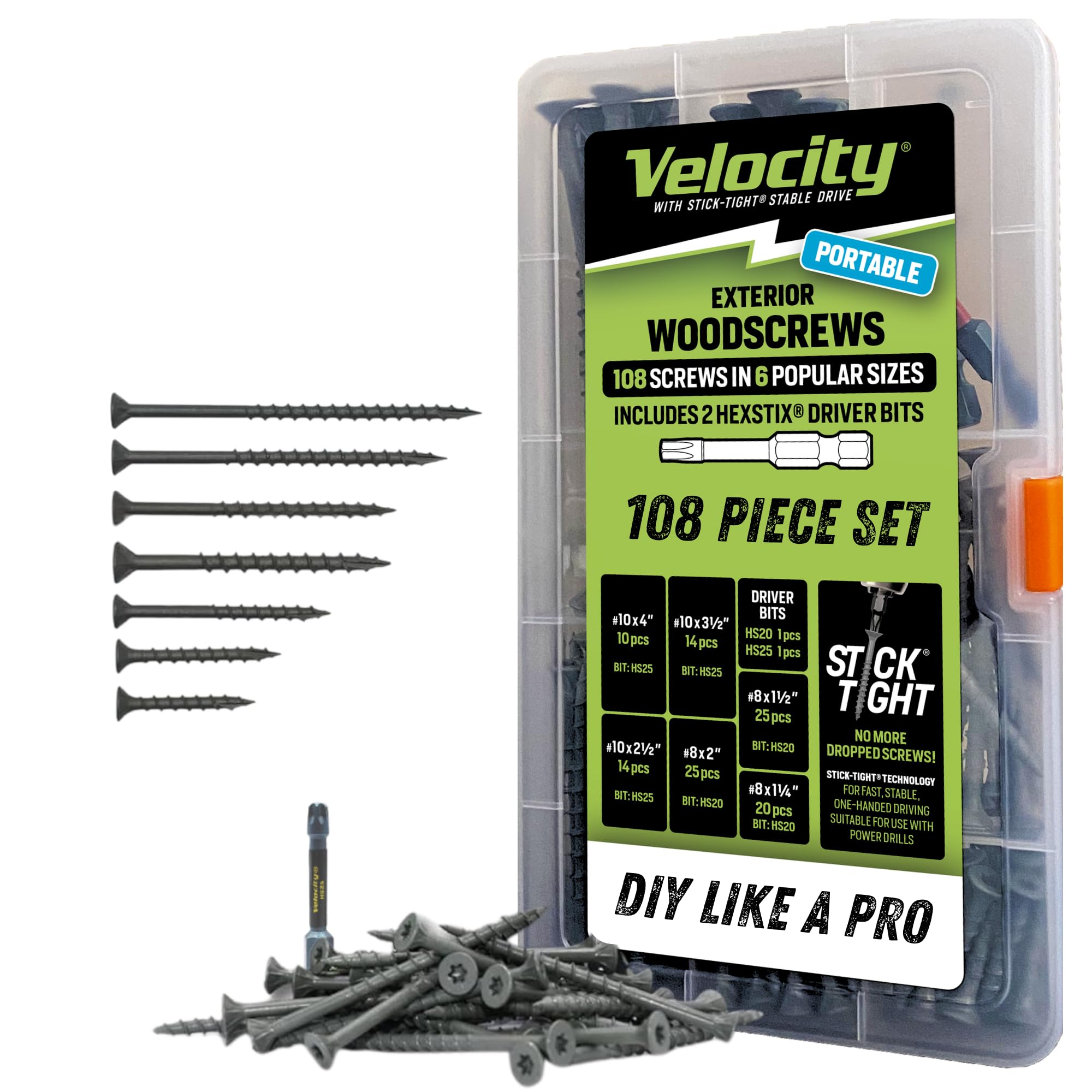 Velocity Exterior Wood Screws Assortment Kit – 108 Assorted Wood Screws in 6 Sizes Made with Carbon Steel, 2 Hexstix Drive Bits & Plastic Wood Screw Set Storage Organizer, Construction Screws for Wood