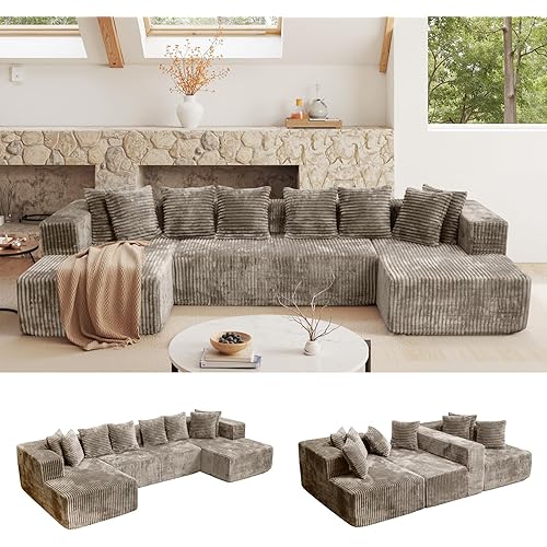 130'' U Shaped Sectional Couches for Living Room, Modular Boneless Cloud Sofa with 2 Chaise Lounges, 4-in-1 Flexible Combination Layered Foam Cushion Deep Seat Corner Couch, No Assembly (Light Coffee)