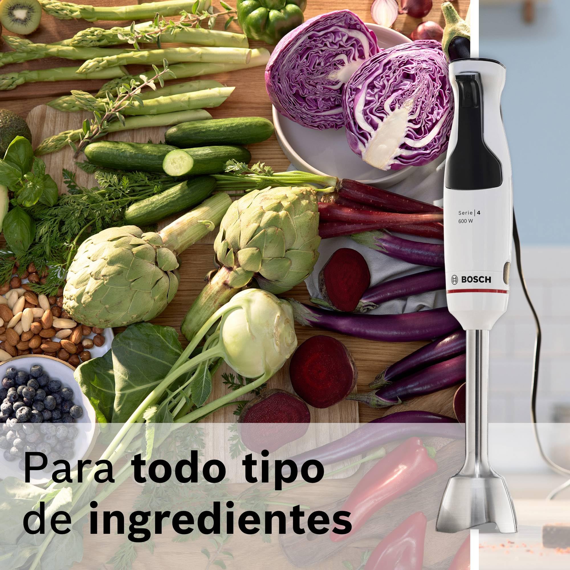 Bosch - Batidora de mano ErgoMaster Serie 4, 600 W, Control de velocidad con una mano, Cuchillas QuattroBlade, Vaso medidor incluido, Blanco, MSM4W220