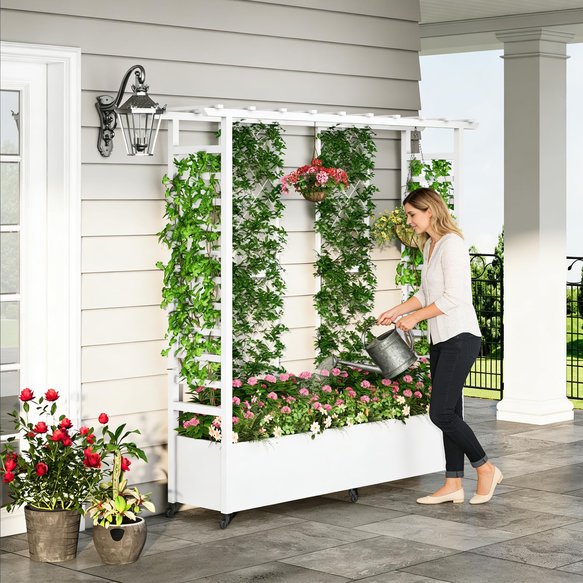 Jardinera elevada con enrejado y techo colgante, jardinera metálica resistente a la intemperie con 4 ruedas y 2 enrejados laterales para plantas trepadoras, mampara divisoria móvil para exteriores.
