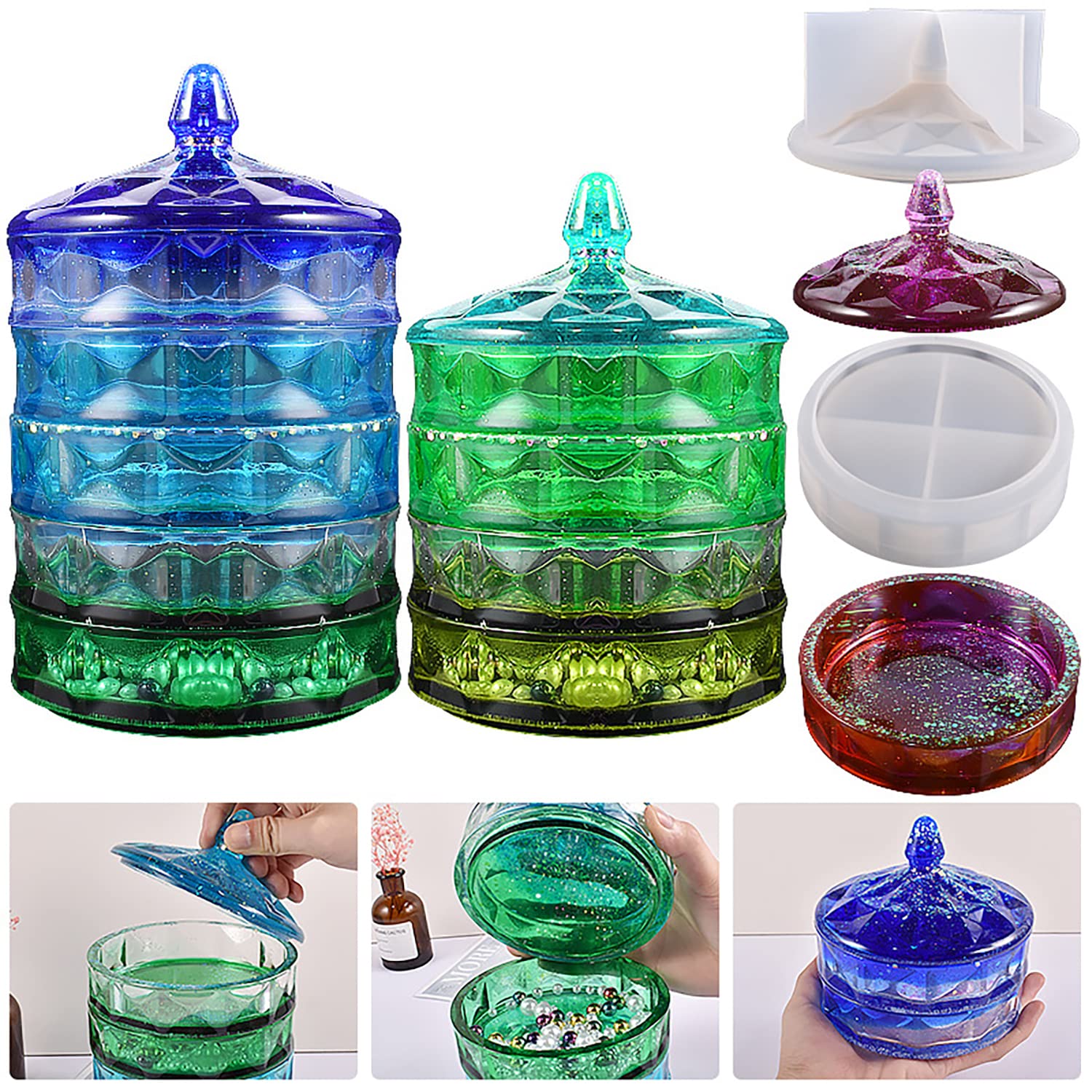 Resin Jewelry Box Molds with Lid,Stackable Tower Round Storage Box Silicone Molds Set,DIY Casting Mold Ashtray for Decoration