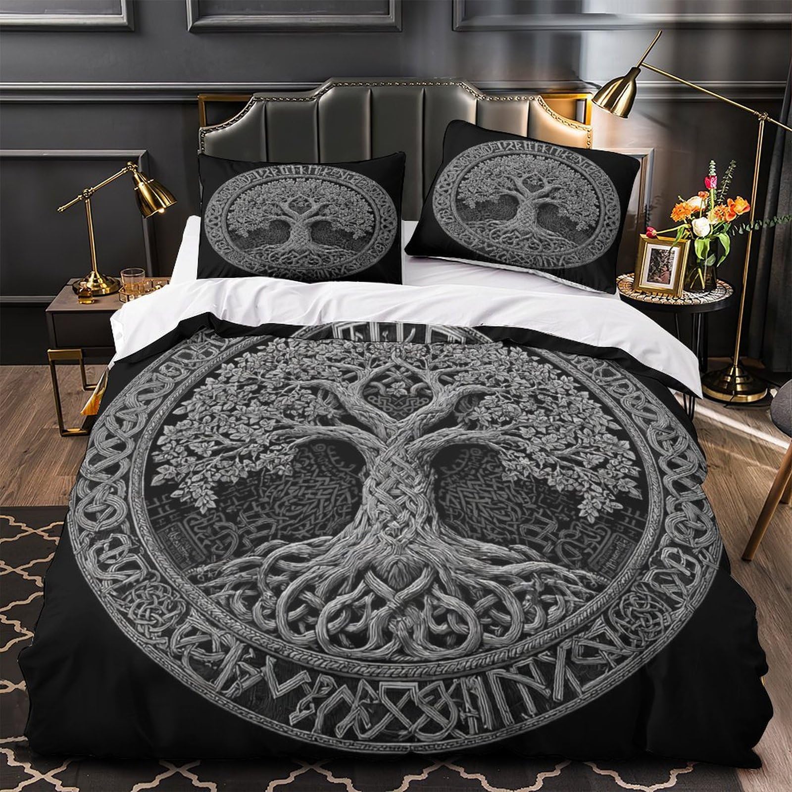 Linge de lit arbre celtique en microfibre avec 3 pièces et taie douce pour lit single 135x200cm