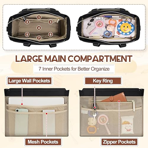 Miniatura 3 de RAINSMORE Bolsa de pañales, bolsa grande para pañales impermeable, bolsa de pañales multifunción con estuche para chupete y cambiador