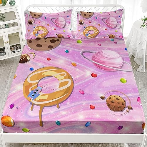 Miniatura 1 de AILONEN Lindo juego de sábanas bajeras de unicornio tamaño individual, juego de ropa de cama de piruleta rosa para niños y niñas, juego de sábanas