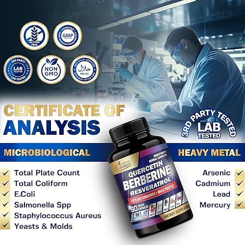 Miniatura 10 de Organic Cadane Suplemento de berberina pura 7 en 1 con quercetina, canela de Ceilán, resveratrol, cardo mariano, semilla de uva y pimienta negra  90