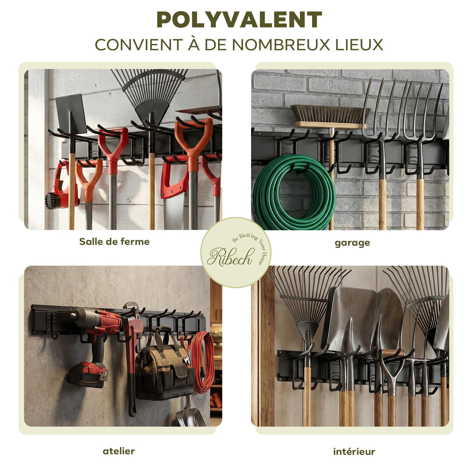 Range-mural pour Outils de Garage – Rail de Rangement 81 cm avec 6 Crochets (2 Types), Crochets Caoutchoutés, Capacité 140 kg, pour Outils de Jardin, Skis, Balais, Pelles – Fixation Murale