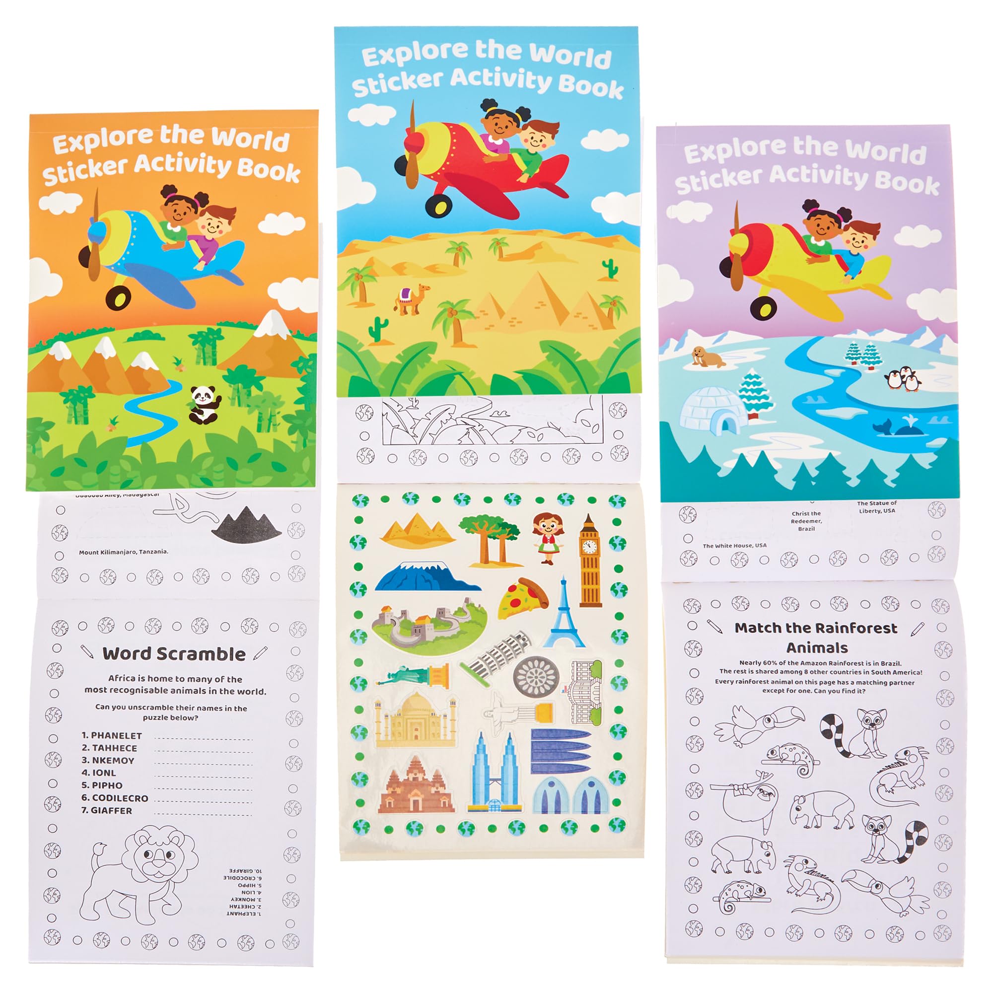 Baker Ross FN052 Explore The World Sticker Activity Books - Pack of 6, Sticker Book Party Bag Fillers for Kids