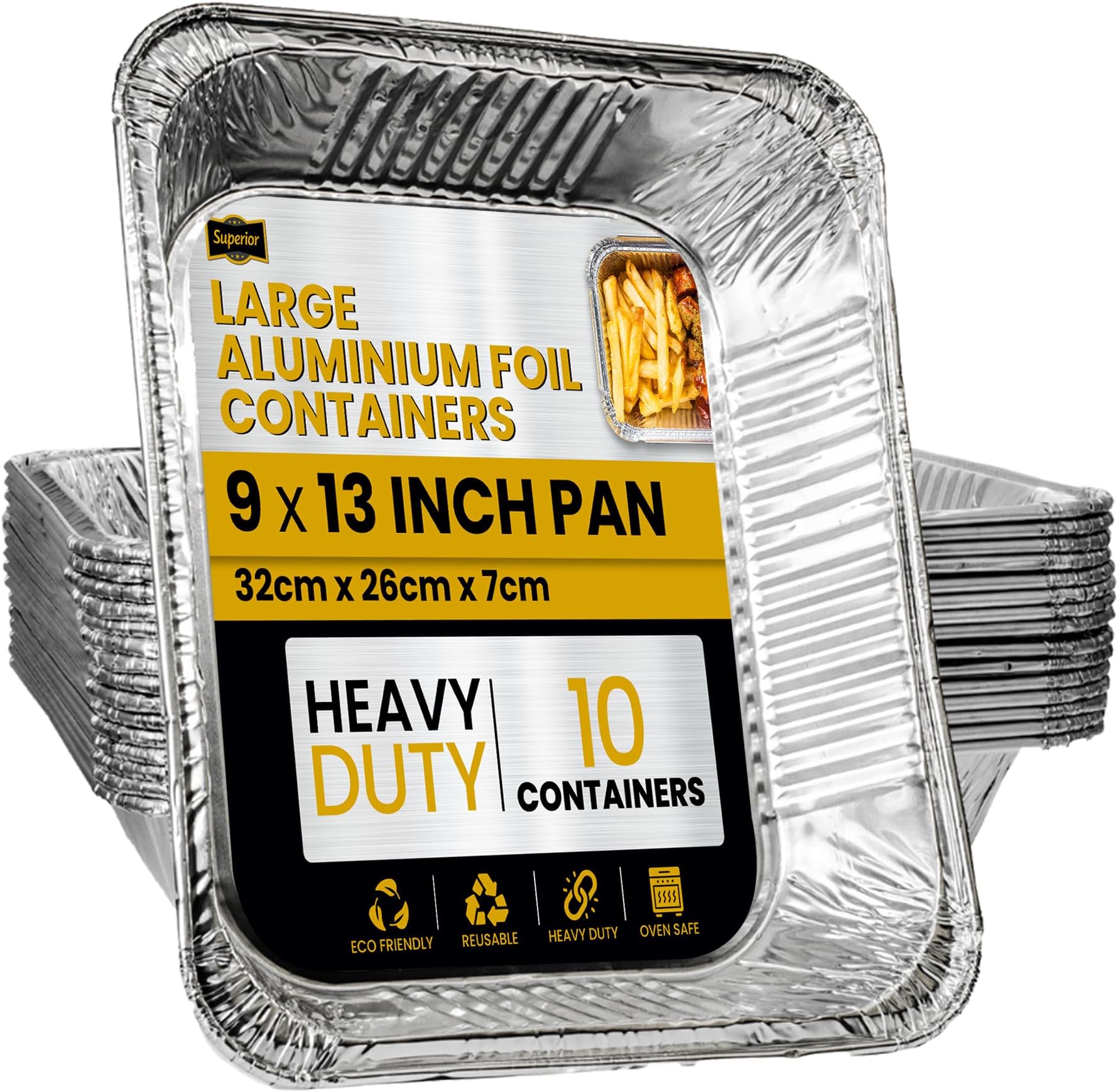 Superior Large Foil Aluminium Trays Pack of 10 – Heavy-Duty Deep Tin Foil Trays 32 x 26 cm Ideal for Cooking Baking Roasting BBQ Meal Prep Storage Tray – Foil Containers for Christmas Parties