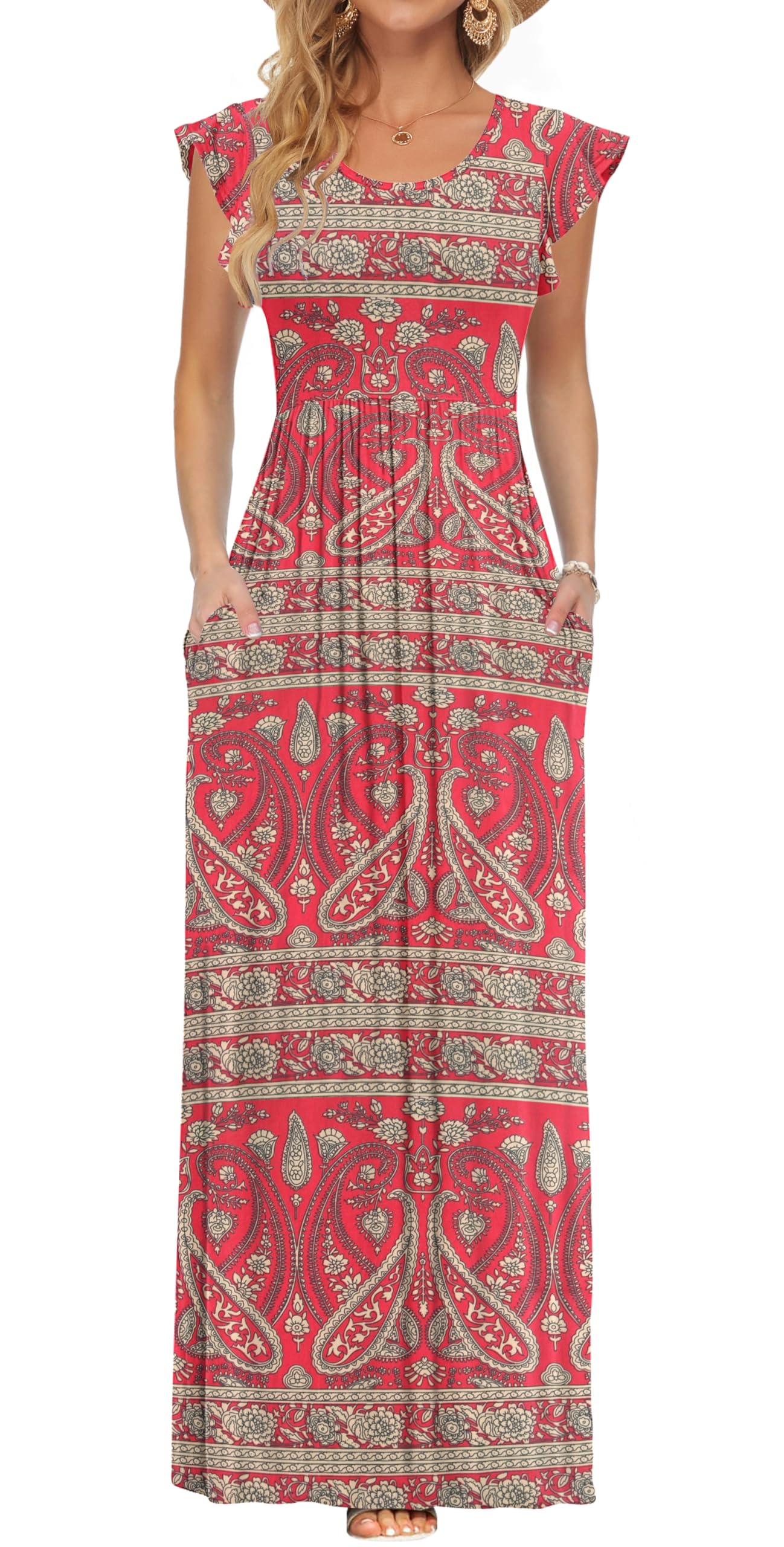 AUSELILY Vestido Largo para Mujeres Vestido de Manga Corta con Pétalos en Volantes Vestido Elástico Casual con Bolsillo Vestido Elástico