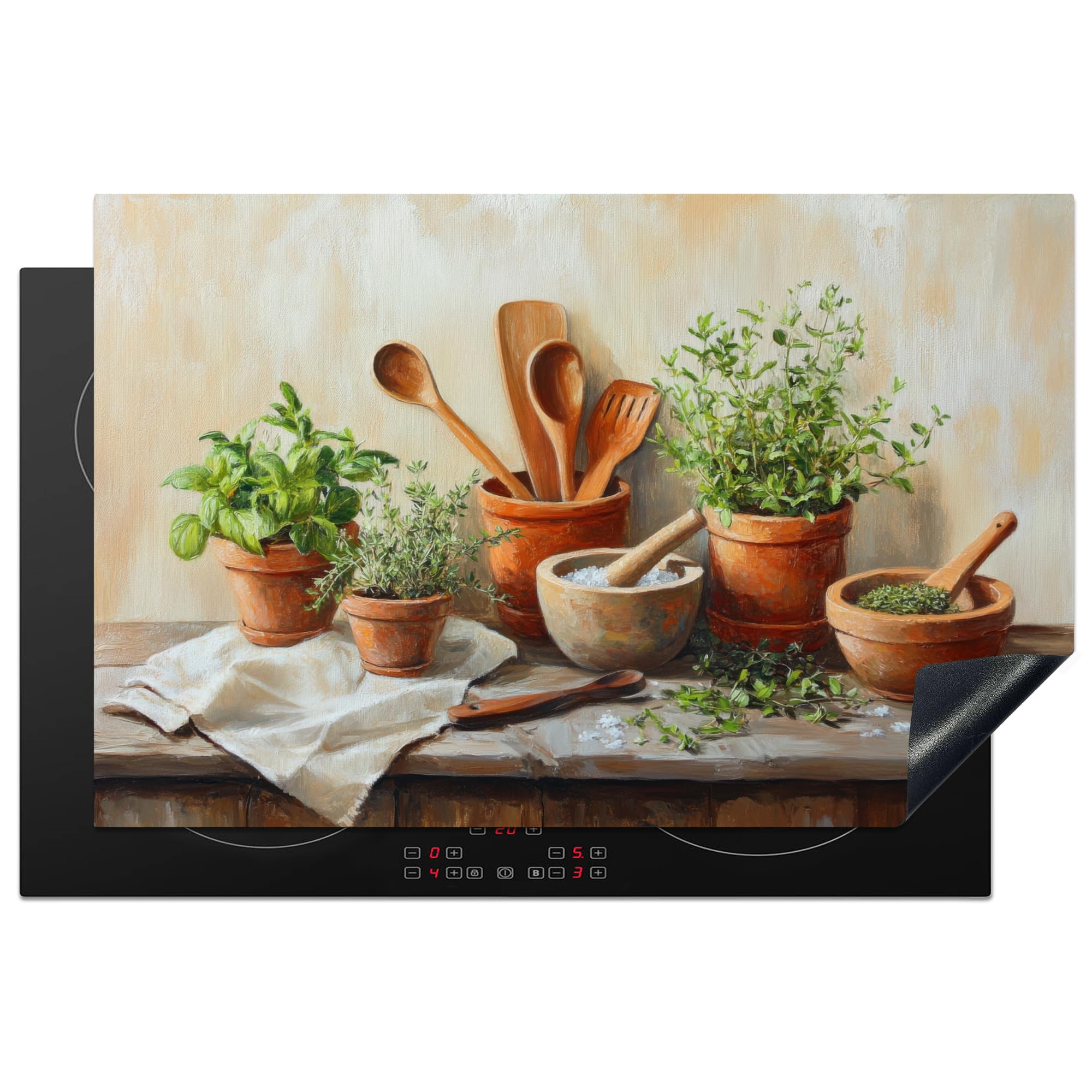 KitchenYeah© Induction Hob Protector Mat 20.5"x31.9" / 81.2x52 cm Cooker Top Protectors Cover Ceramic Covers Electric Hobs Vinyl Pots - Herbs - Wood