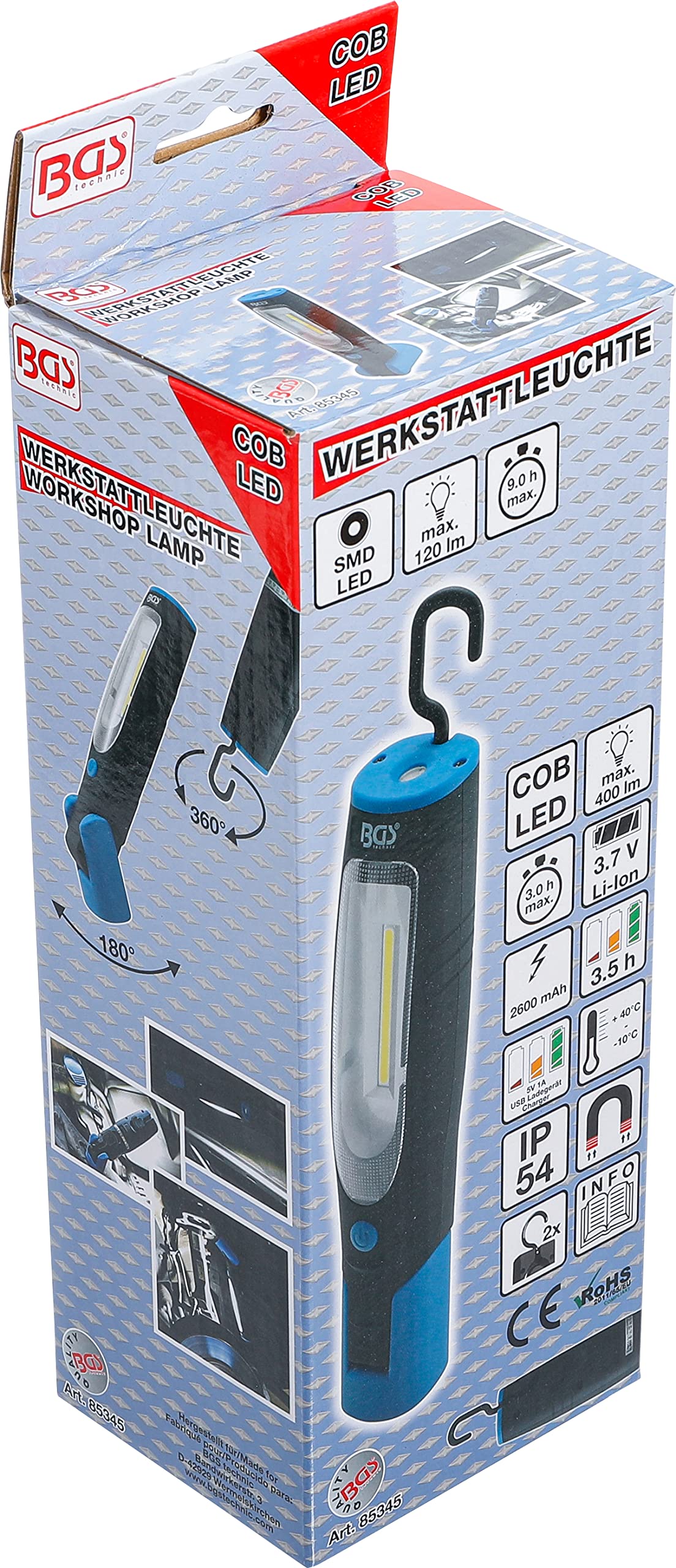 BGS 85345 | Lampa warsztatowa LED COB z magnesem i haczykiem