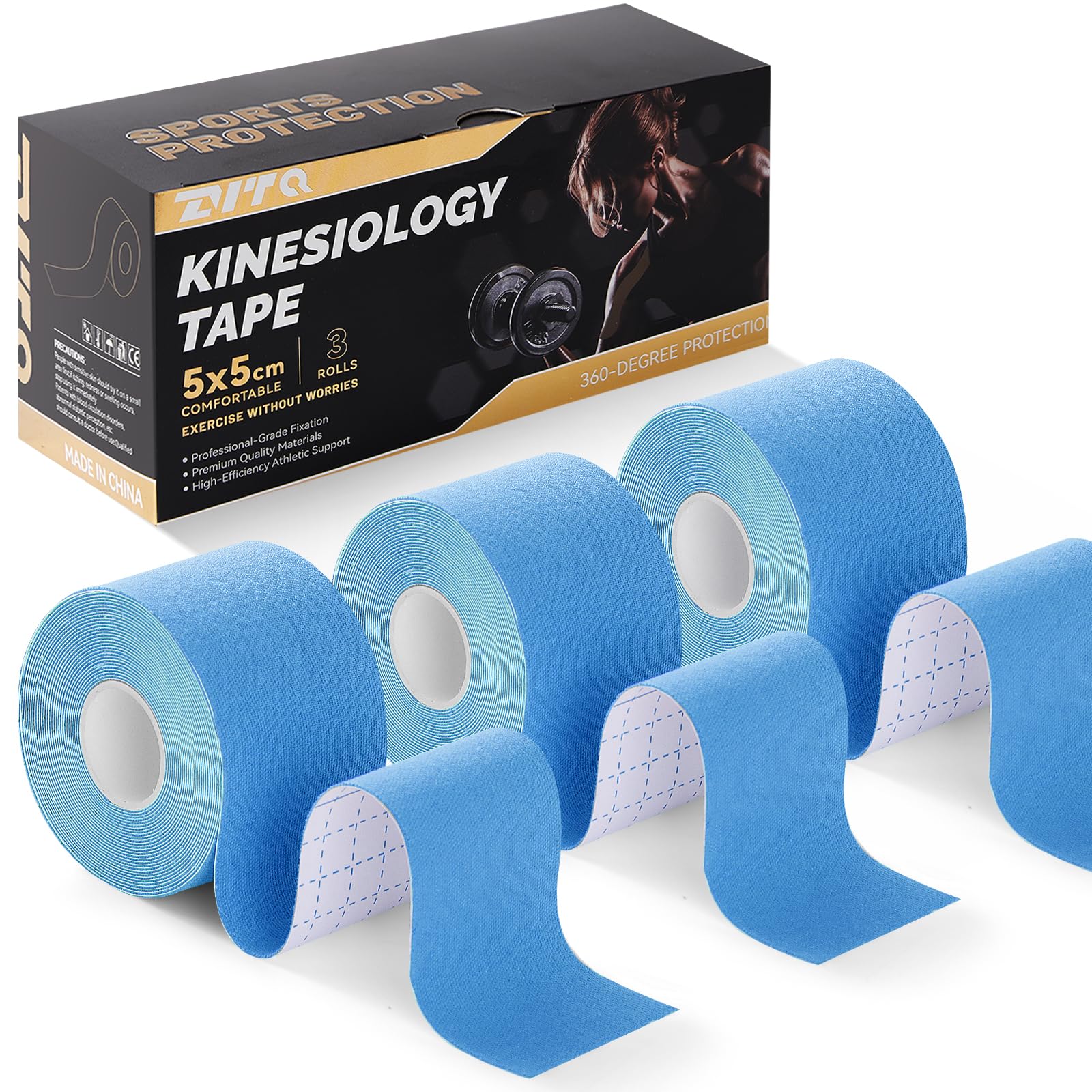 Kinesiology Tape (3 Rolls) - Acrylic Adhesive Muscle Tape - Waterproof, Breathable, Hypoallergenic - Ideal for Muscle Support &amp; Injury Recovery - 2 Inches x 16 Feet (Light Blue)