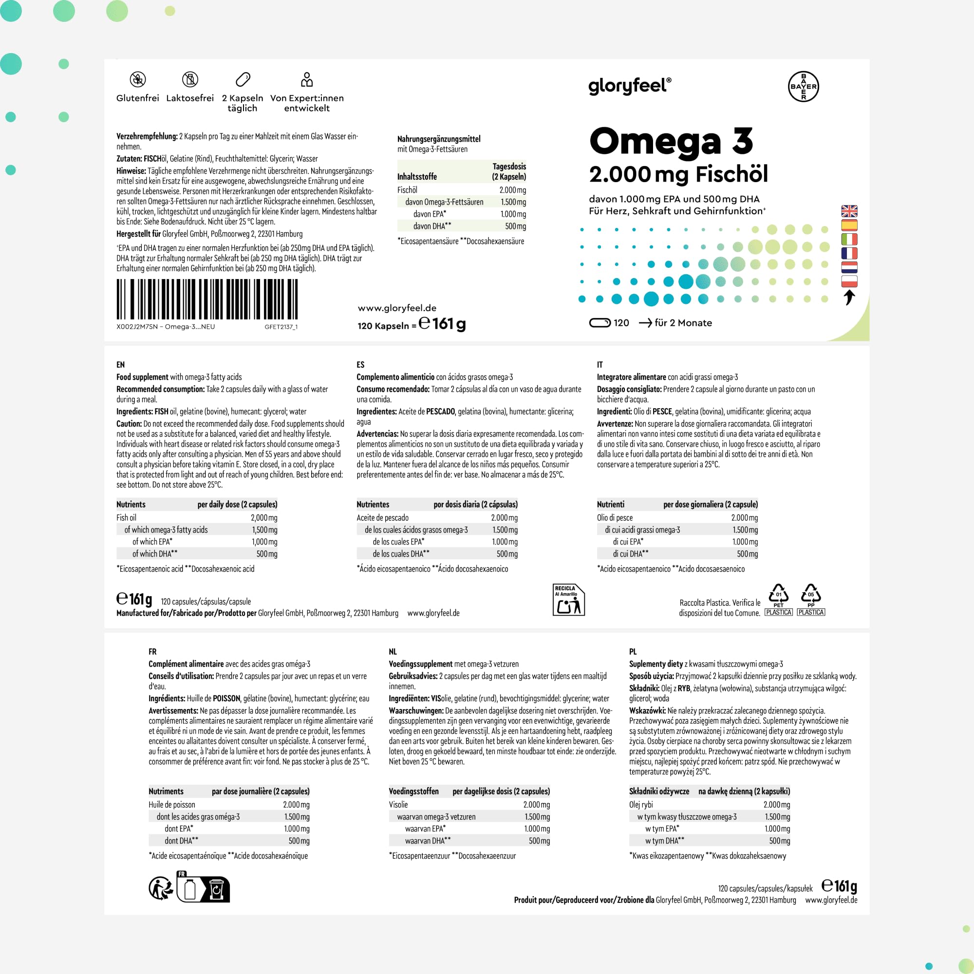 Omega 3 Cápsulas 2000mg - Alta potencia 1000mg EPA + 500mg DHA - Triglicéridos reesterificados - Aceite de pescado de alta biodisponibilidad - Soporte para el colesterol, cerebro y corazón*