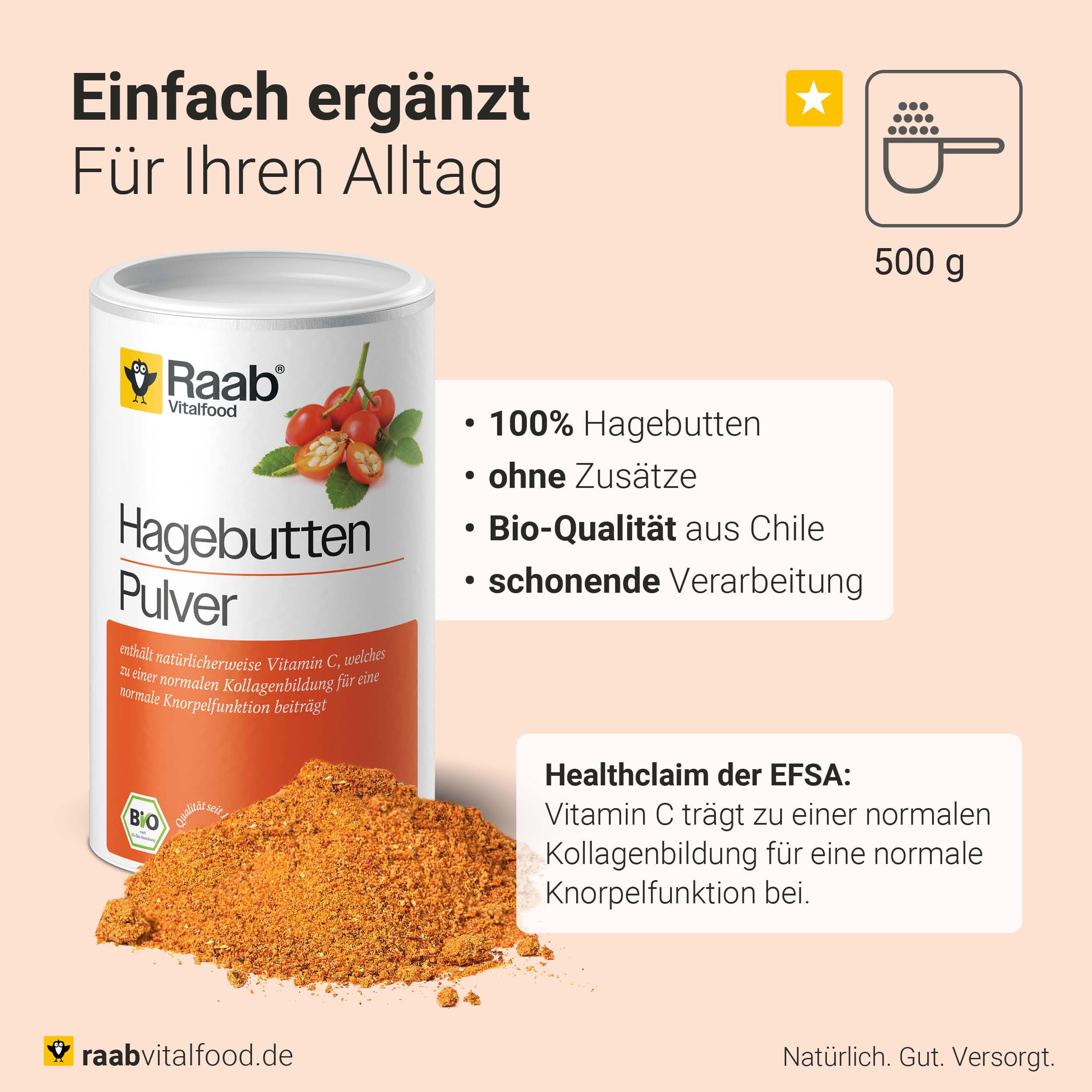 Raab Vitalfood Bio Hagebutten-Pulver, Premium-Sorte AP-4 Hagebutte aus dem Süden von Chile, mit natürlichem Vitamin C für eine normale Kollagenbildung & Knorpelfunktion (500g)