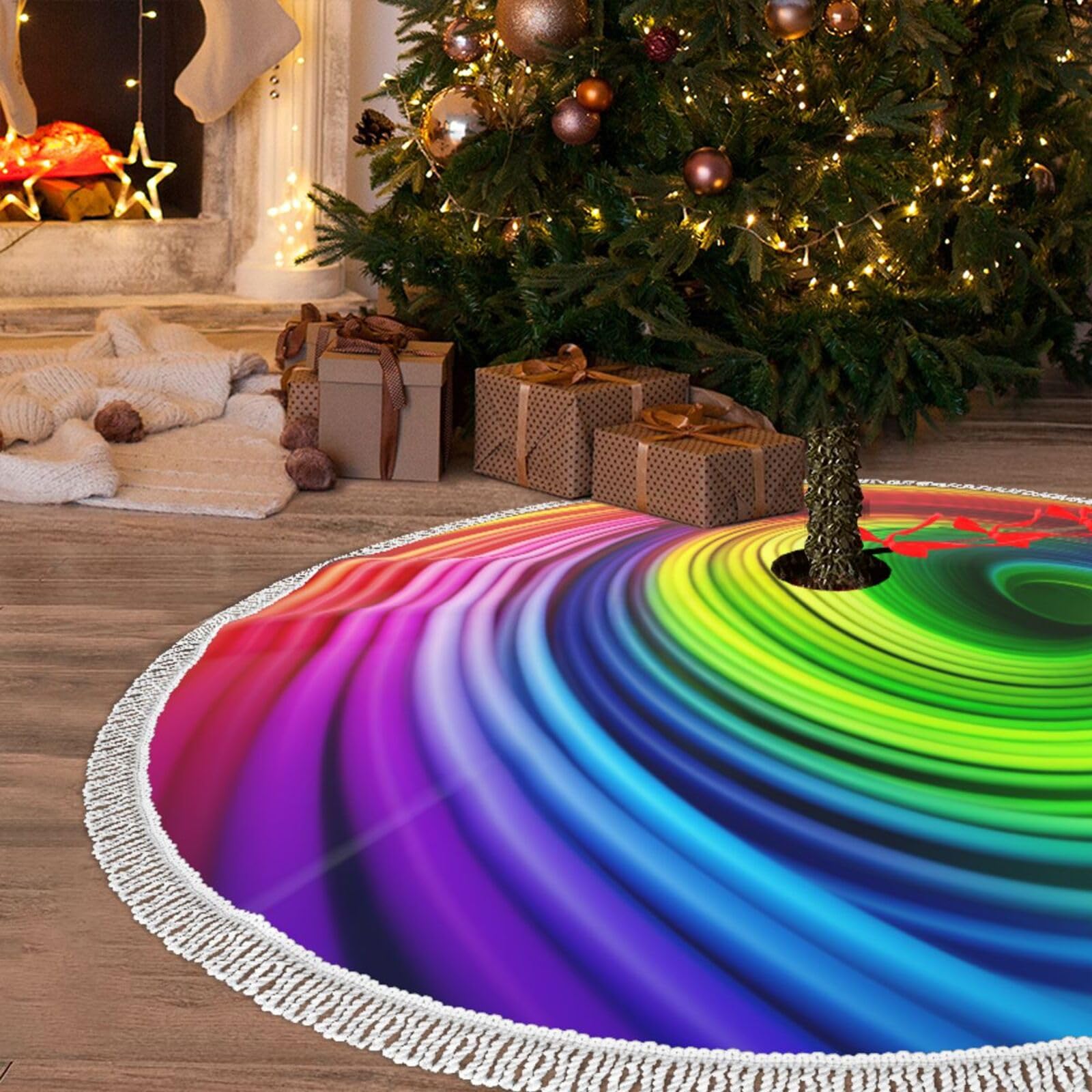 Tapis de sapin de Noël arc-en-ciel pour réchauffer l'ambiance chaleureuse de votre salon en fête