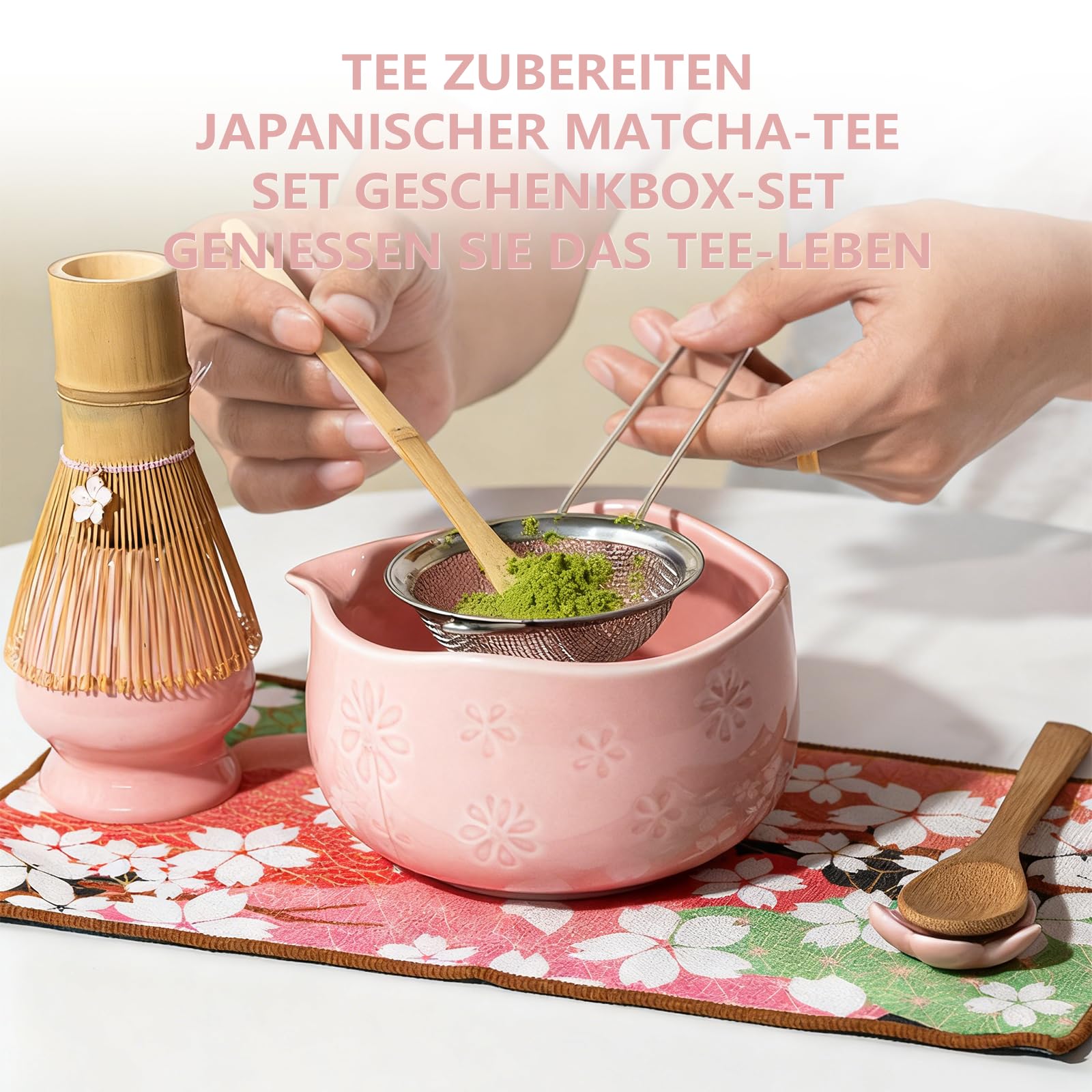 Matcha Set di 8 pezzi Macha Tea con scopa, filtro filtro, ciotola, cucchiaio, tappetino per asciugamano da tè, set regalo per la preparazione tradizionale matcha (verde) (rosa)