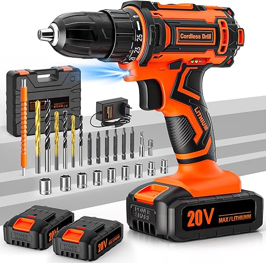 Akkuschrauber, 20V Akku Bohrschrauber Set mit 2 Akkus 2.0Ah, Akkubohrer 42Nm Drehmoment, 25+1 Drehmomentstufen, 10mm Bohrfutter, 2-Gang, LED-Licht, 24tlg Zubehör und Koffer, Für Reparatur & DIY