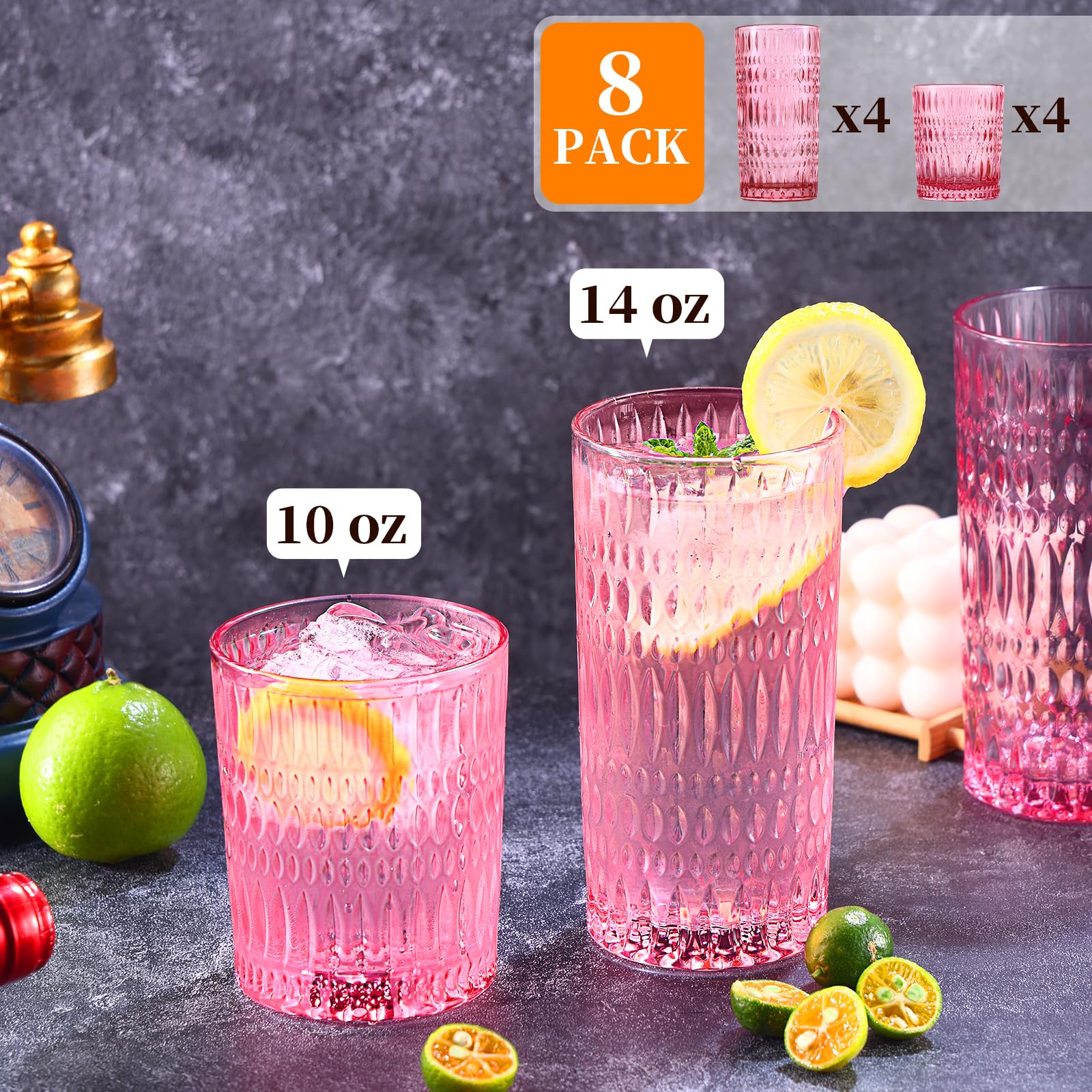 Loivttvv Glassware Trinkgläser-Set, 400 ml und gerippte Glasbecher, Vintage-Gläser für Wasser, Saft, Cocktail, Whiskey, Rosa, 8 Stück