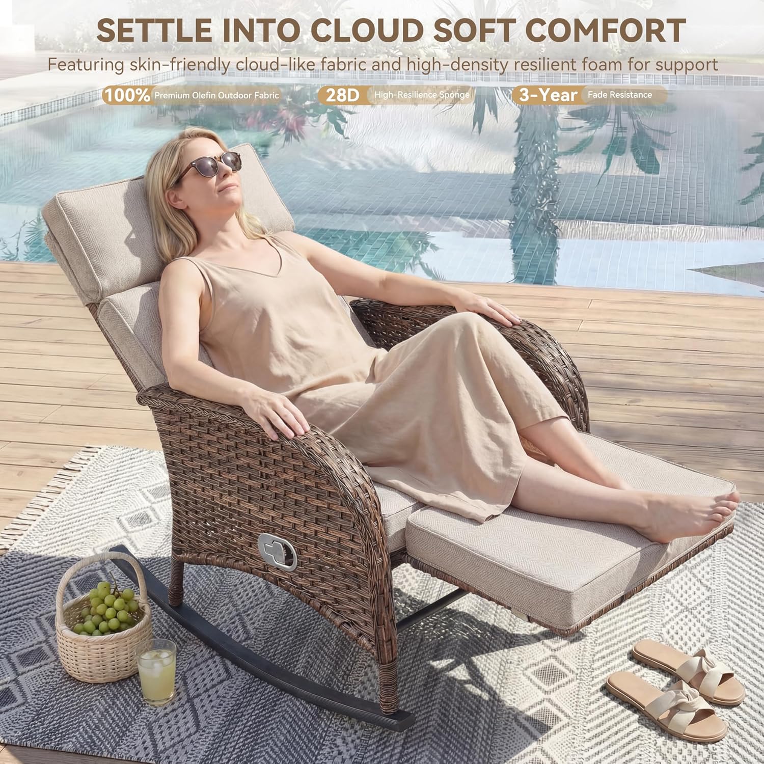 Zero Gravity Patio Rocking Wicker Recliner Chair - Wicker Outdoor Lounge Chair with Adjustable Backrest & Footrest, All Weather Reclining Rocker Chairs with Thick Cushion for Pool Deck Beige