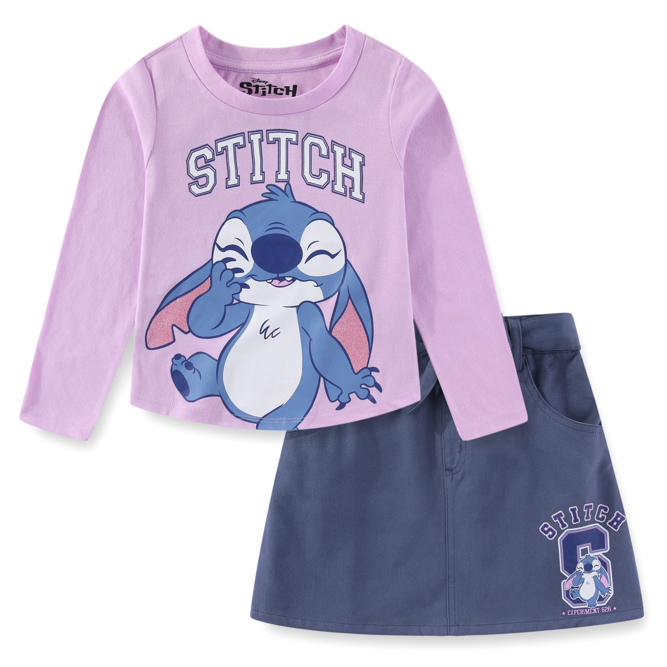 Disney Lilo & Stitch Girls Long Sleeve Shirt and Twill Skirt Set for Big Kids