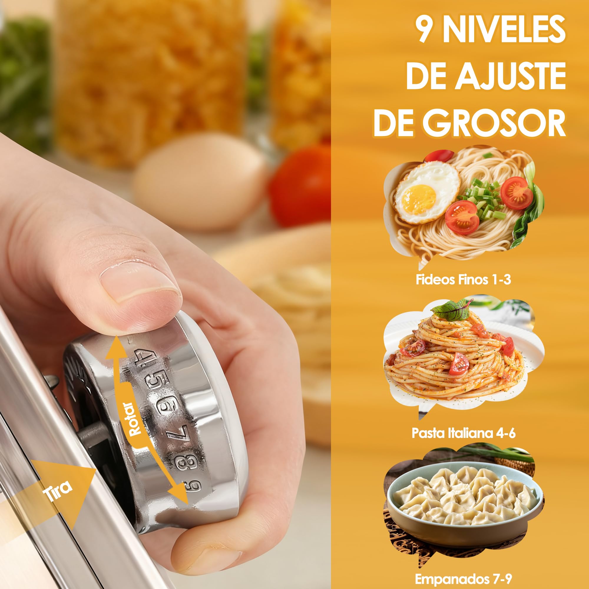 Máquina para Hacer Pasta Manual, Máquina para Hacer Pasta Profesional de Acero Inoxidable con 9 Ajustes de Espesor Ajustables y 2 Cortadores, para Espaguetis, Fettuccini, Lasaña