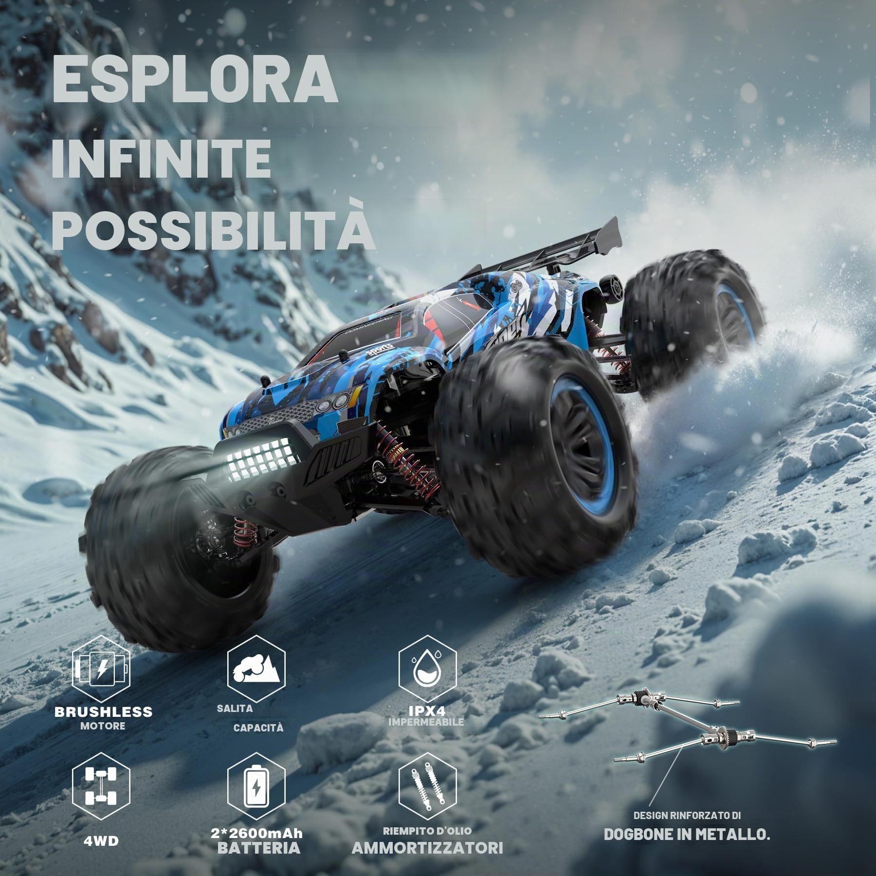 Hosim 1:10 Auto a Controllo Remoto Senza Spazzole RC Auto Offroad 1/10 4WD, 68+ km/h, Camion RC Monster Truck Drift Offroad di Grado Hobby con 2 Batterie 40+ Minuti di Tempo di Gioco per Bambini