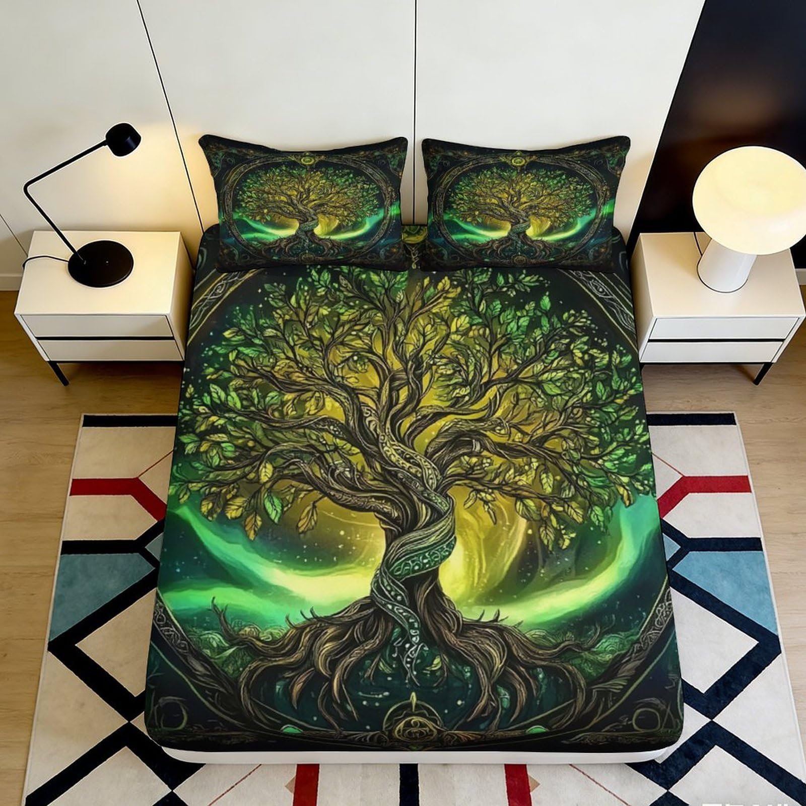 Zfldkwgb Style-4 3D Printed Tree Of Life Fitted Sheet Microfiber Soft Green Fantasy Forest Bed Cover For Bedroom Guest Room Easy Care 90X200x25cm
