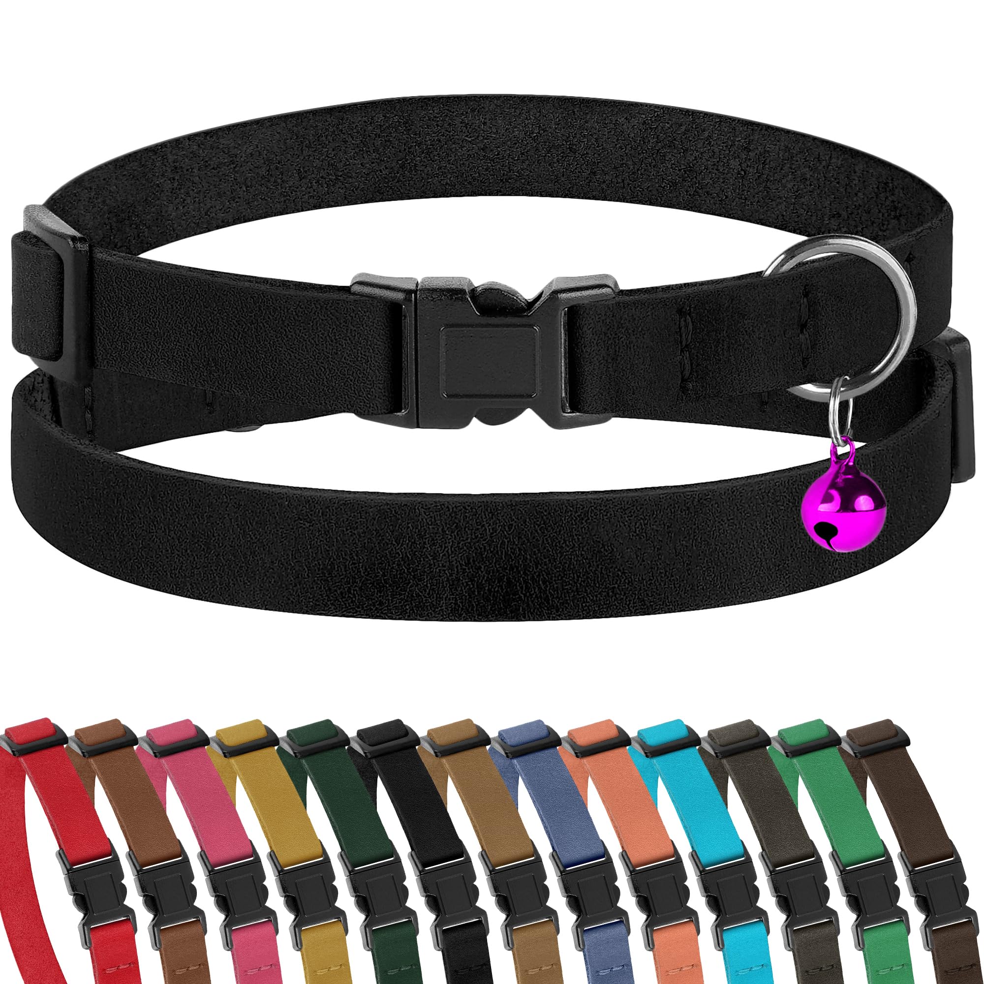 Muromto Breakaway Cat Collar Leather Soft Adjustable Pet Kitten Collars with Bell Pink Brown Blue Green Red (Black)