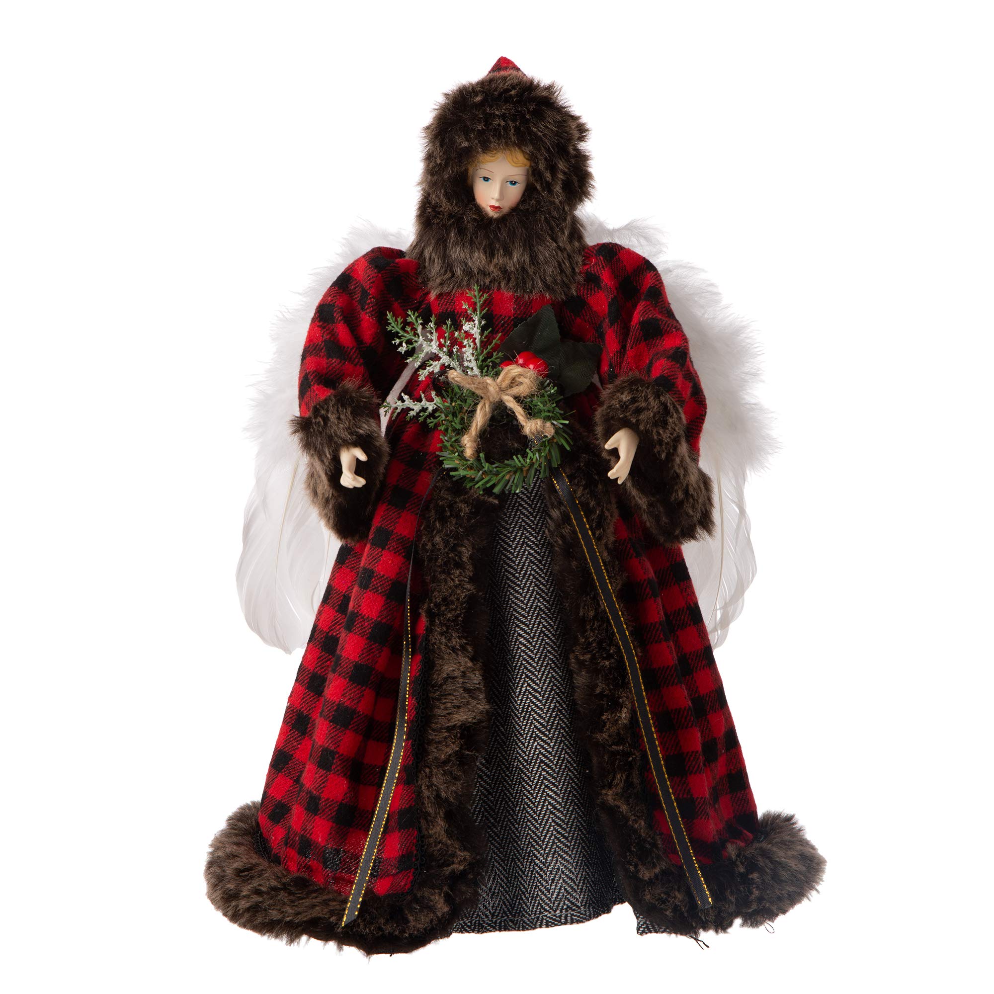 glitzhome16-Inch Handmade Plaid Angel Tree Toppers Christmas Decorations, 16" H, Red & Black