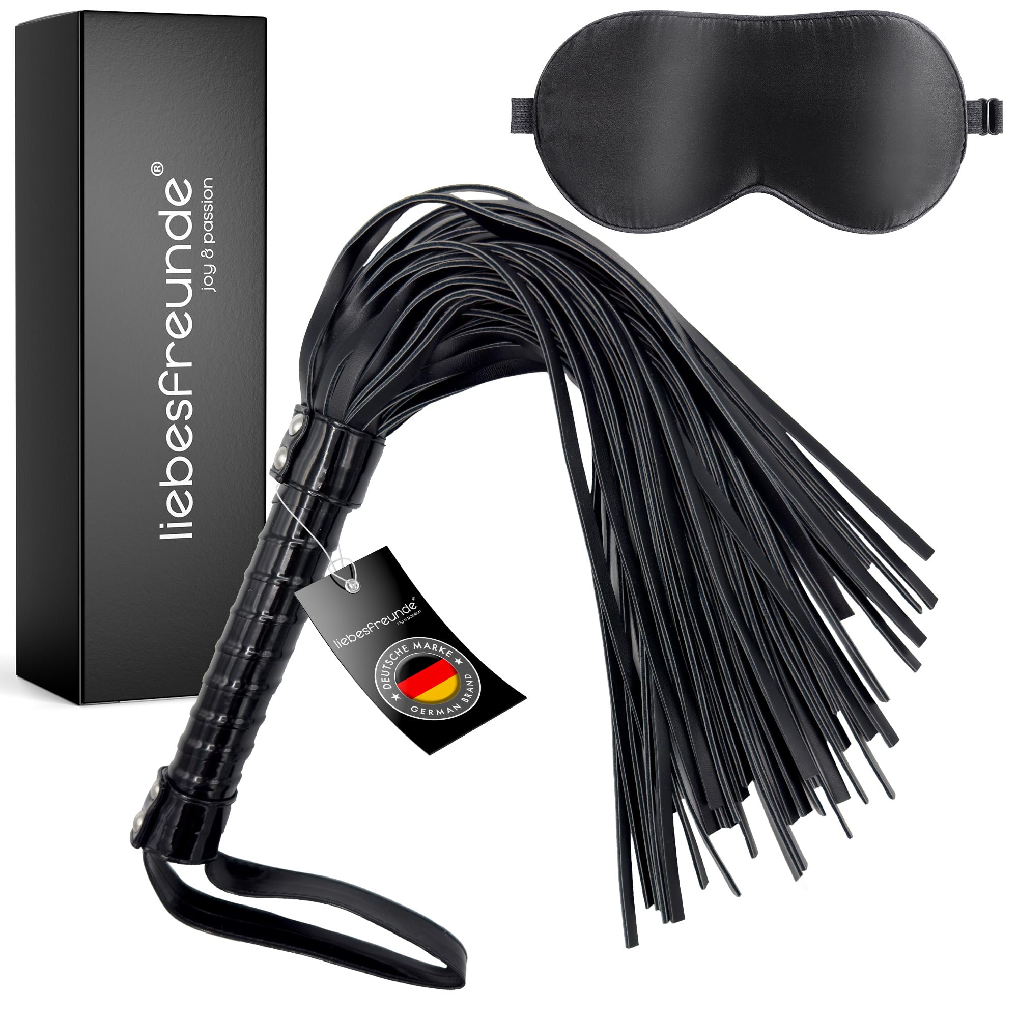 Liebesfreunde® Sex Peitsche – Flogger BDSM Spielzeug, hart und weich anwendbar, inkl. Augenbinde