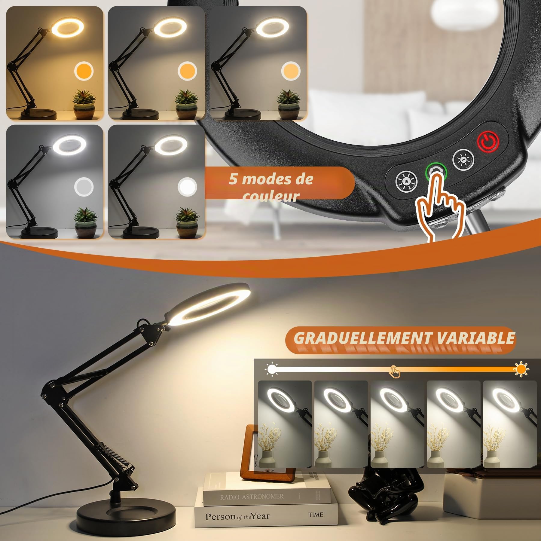 Veemagni 12X Lampe Loupe avec Lumière, 5 Modes de Couleur Gradation Continue 2 en 1 Lampe de Bureau et Pince, LED Loupe avec Lumière et Support pour Lecture, Réparation, Artisanat, Peinture