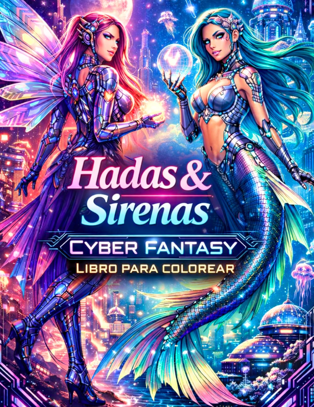 Hadas & Sirenas Cyber Fantasy Libro para Colorear: Hadas Encantadoras y Sirenas Futuristas Páginas para Colorear de Cyber Fantasy para Niños Niños Niñas y Adultos Jóvenes Idea de Regalo Relajante