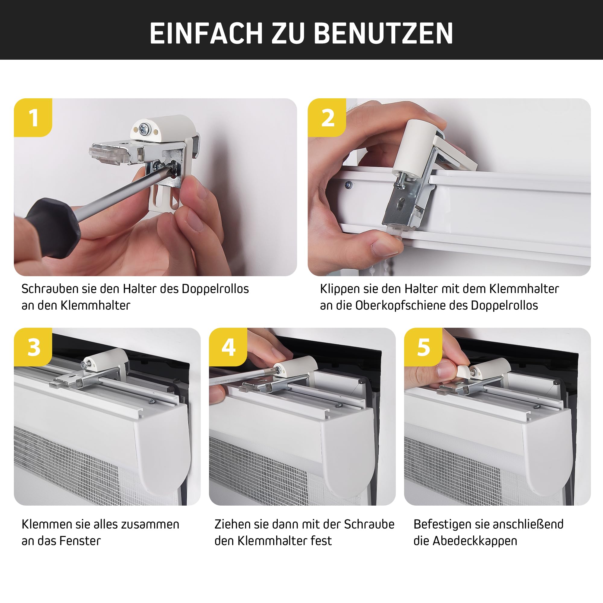 Victoria M. Premium Doppelrollo Klemmfix ohne Bohren & mit Bohren B140 x H175 cm Weiß, Duo Rollo Fensterrollo mit Kassette für Fenster & Türen, Klemmrollo Sonnenschutz Lichtdurchlässig & Verdunkelnd