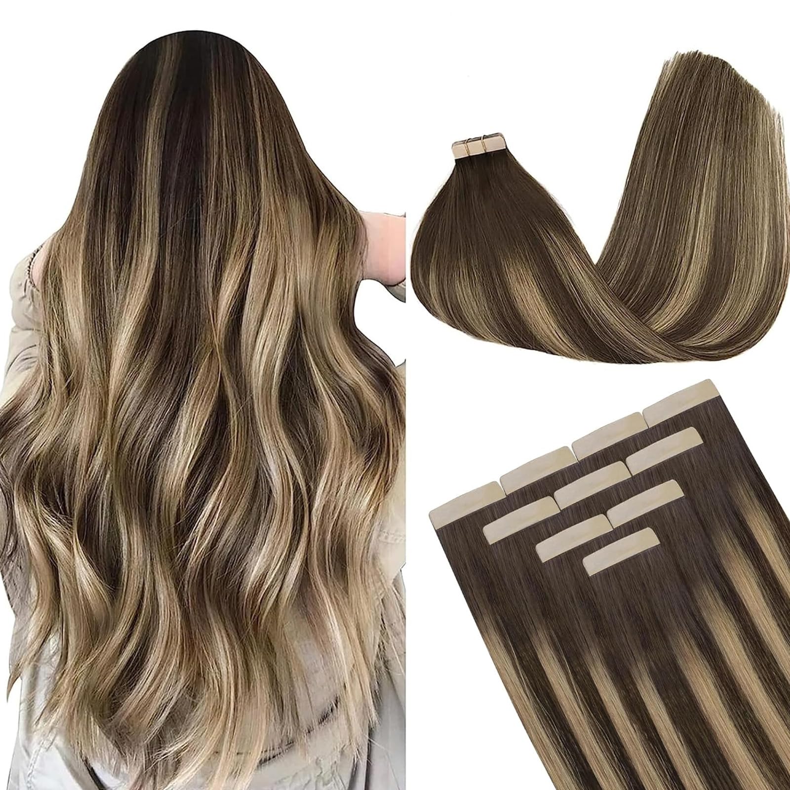 DOORES Hair Extensions Real Human Hair, Chocolate Brown to Honey Blonde, 12 Inch, 20g, 10pcs, Tape-In, Straight, Remy Hair Extensions