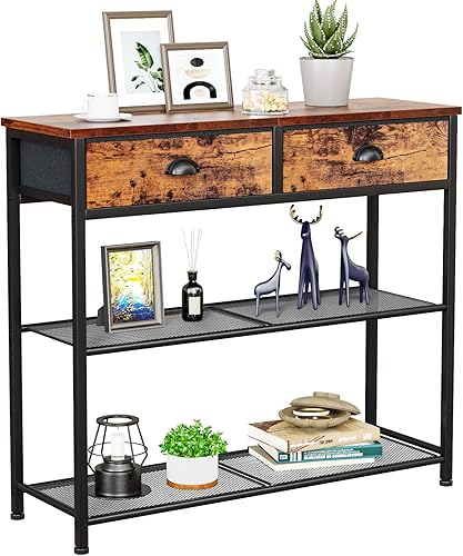 Furologee Mesa de sofá consola con estante de almacenamiento, mesa de entrada pequeña de 30 pulgadas con 2 cajones de tela, mesa industrial para