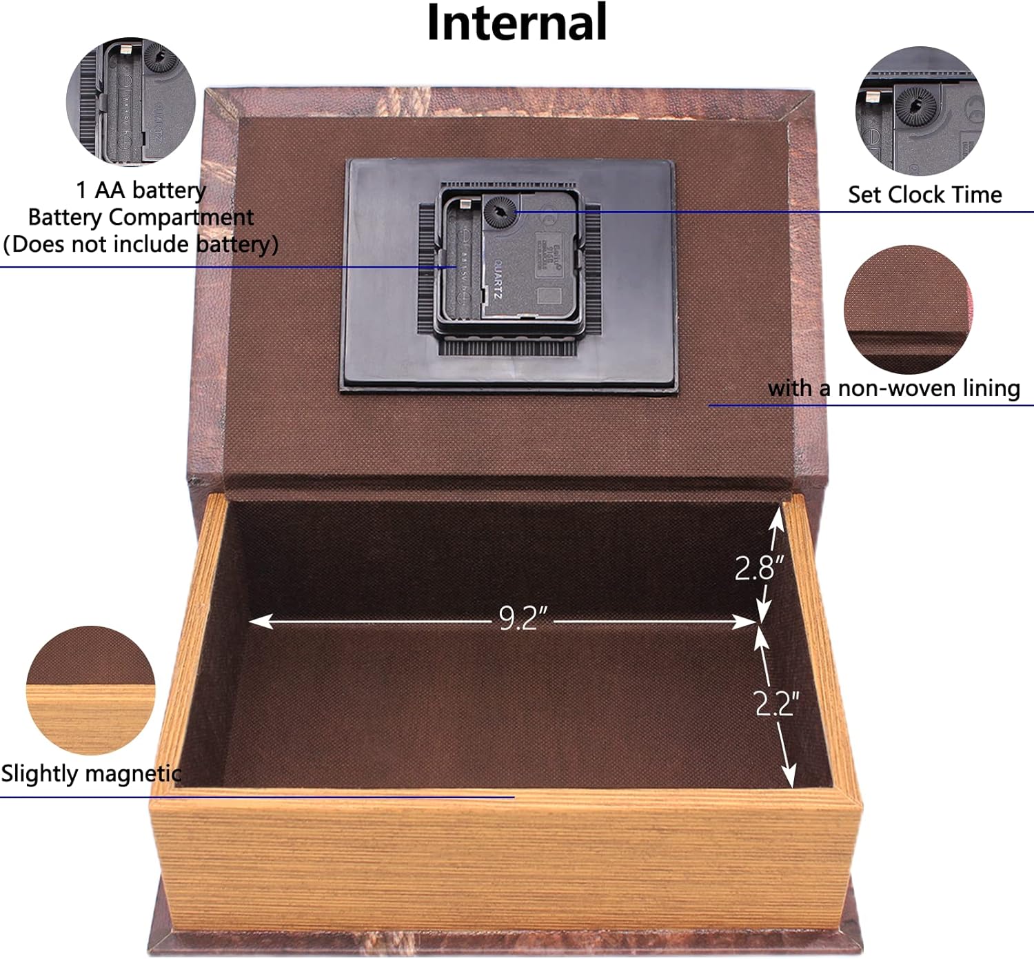 Leather Vintage Book with Clock,Wood Antique Faux Book safe,Hidden Secret Storage Jewelry Keepsake,Decorative Book (Square beige) - - 