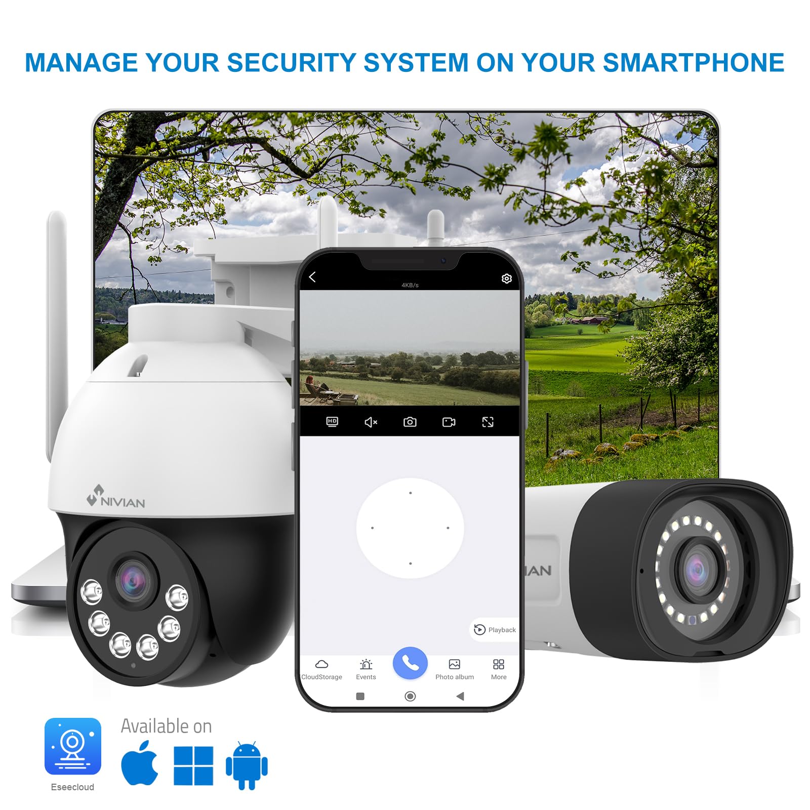 NIVIAN Kit Camaras de Vigilancia Profesional WiFi SuperHD con 6 Cámaras IP, PTZ y Grabador con Disco Duro 10CH - para Casas y Negocios - Visión Nocturna, Detección Humana IA, Audio Bidireccional