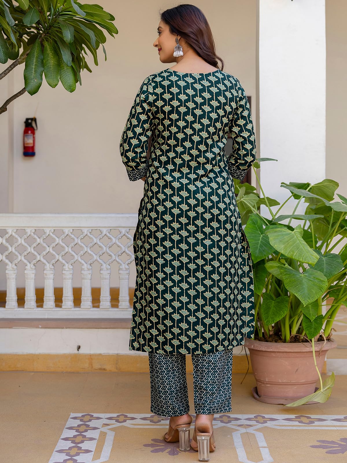 Sanisa Women's Cotton Blend Printed Straight Kurta With Pant And Dupatta Set (232Kbd2455N-S_Rama Green & Beige)