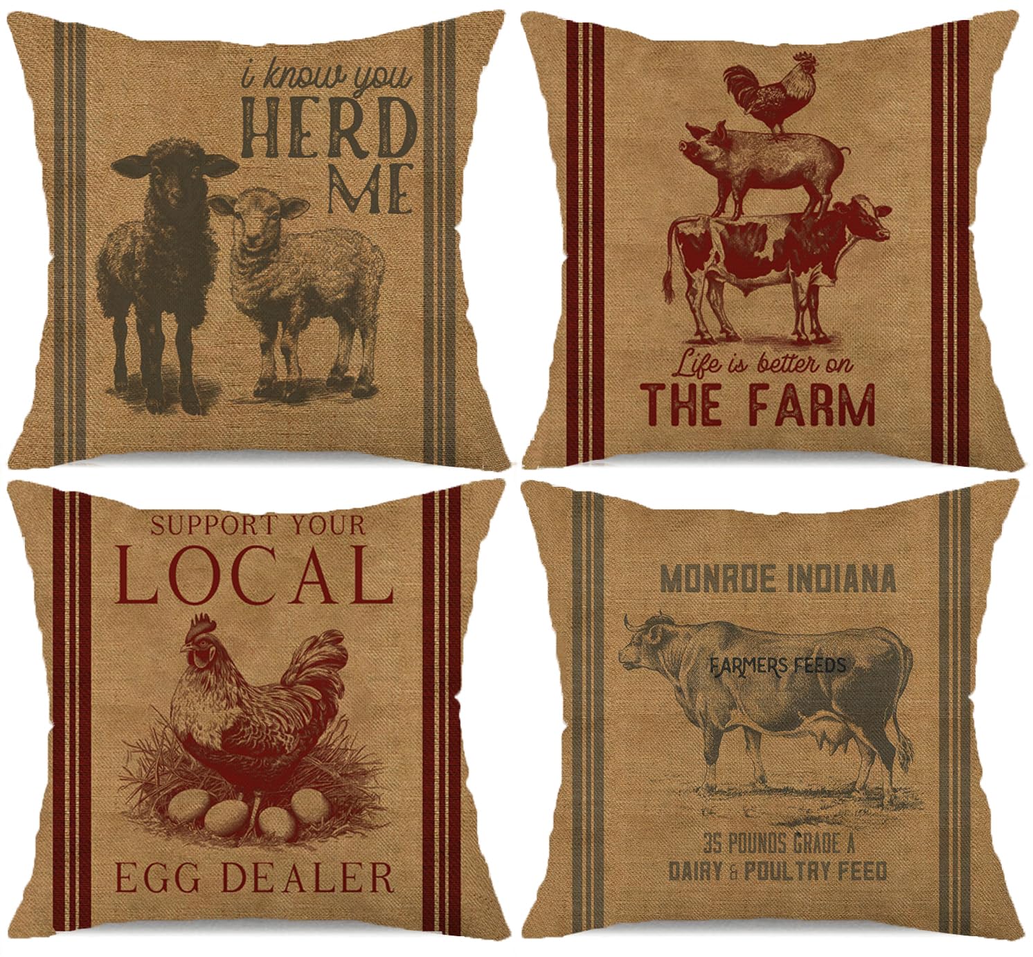 Faromily Vintage Farmhouse Animal Pillow Covers 18x18 Set of 4 Farm Rooster Egg Dealer Sheep Cow Poultry Feed Home Décor Throw Pillow Case Cushion