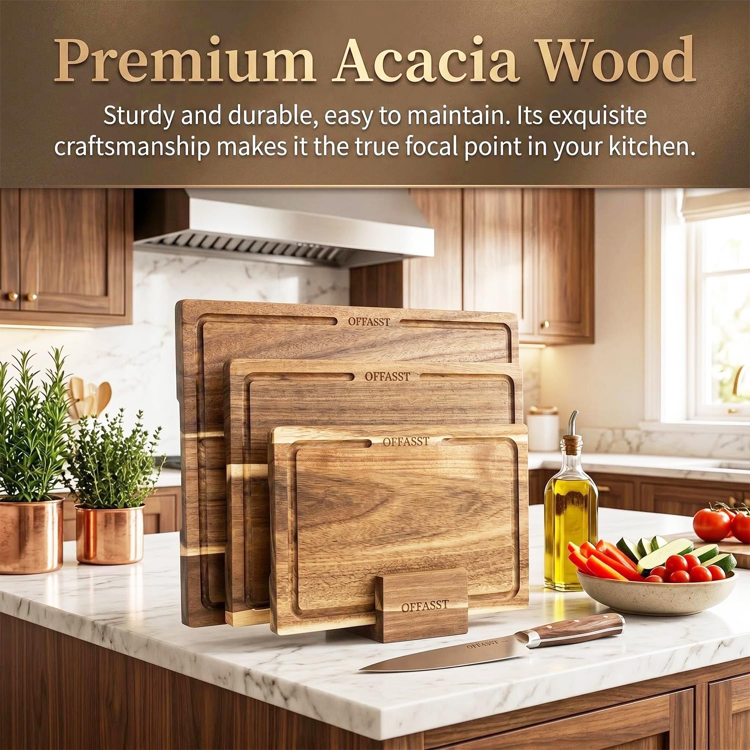 Akazienholz Schneidebrett Set 3-teilig(40x30, 33x24, 27x18cm) – Holzbrett Küche mit Brettständer, Schneidbretter aus Holz für Fleisch & Gemüse, Cutting Board