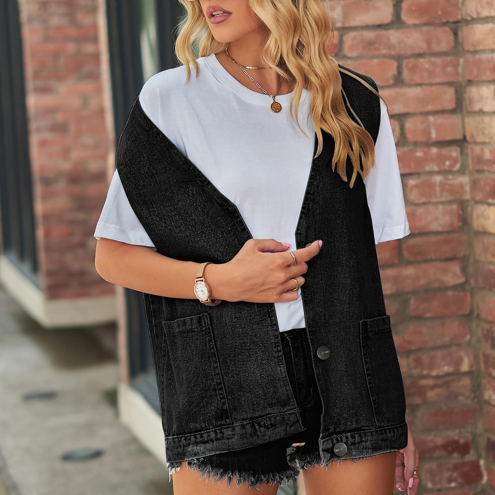 Gilet in Denim Da Donna Con Scollo A V E Bottoni Casual Ampio Senza Maniche Top in Jeans