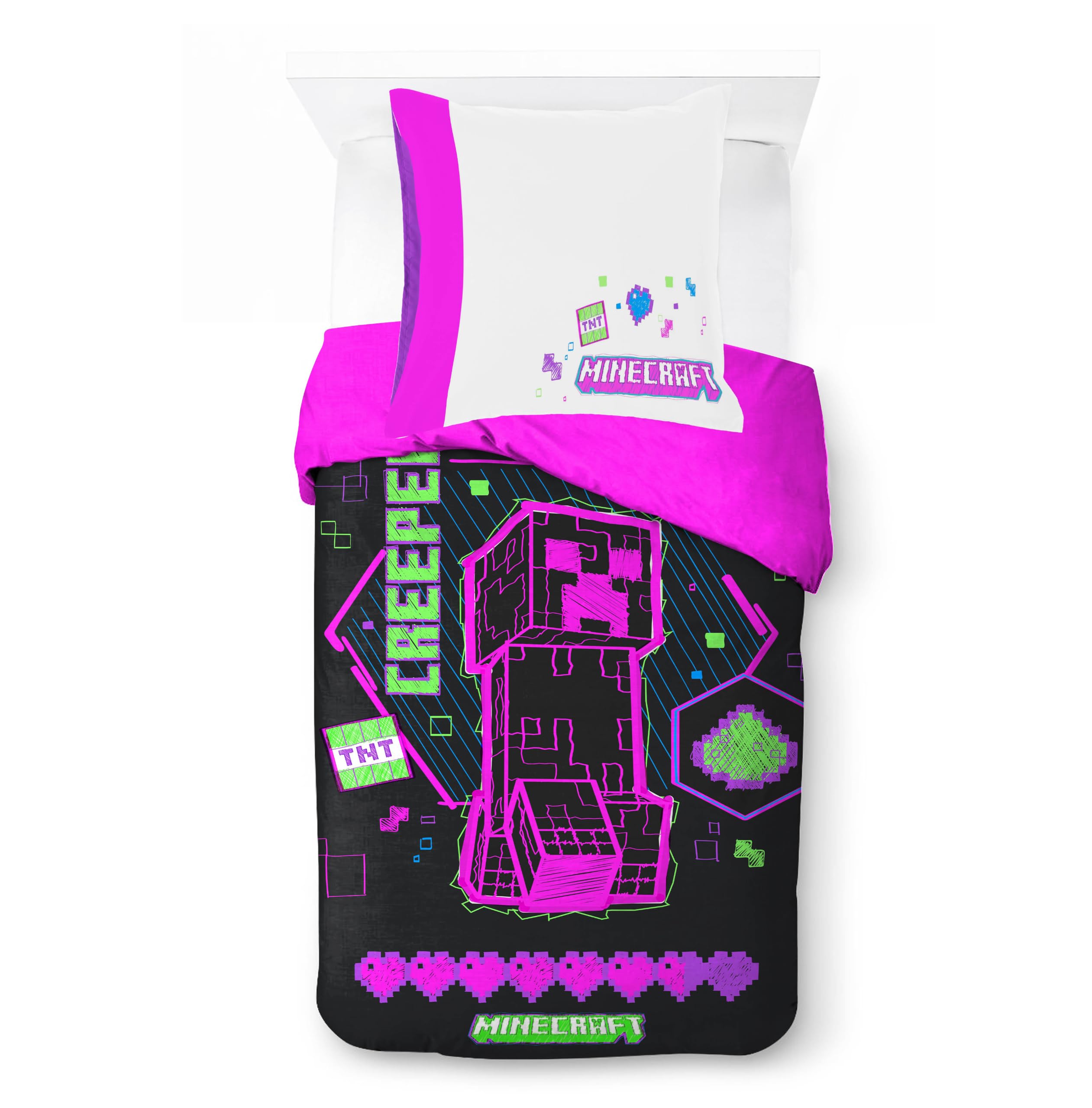 Jay Franco Minecraft Creeper Set Copripiumino – Biancheria da Letto Super Morbida per Bambini con Federa, SOLO COPRIPIUMINO (Imbottitura Non Inclusa), Nero, 2 Pezzi Singolo