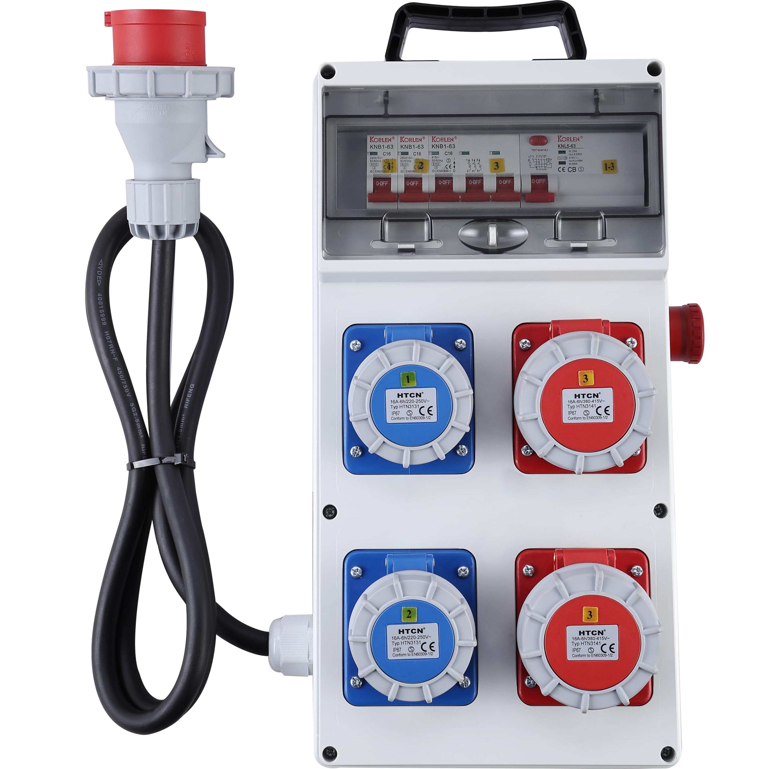 Electraline 60424 Quadro Elettrico di Distribuzione 4 Prese CEE, Spina CEE 3P+N+T, Cavo 1.7M H07RN-F 5G2.5, IP67, con interruttore differenziale RCD 30ma + Interruttori magnetotermici MCB